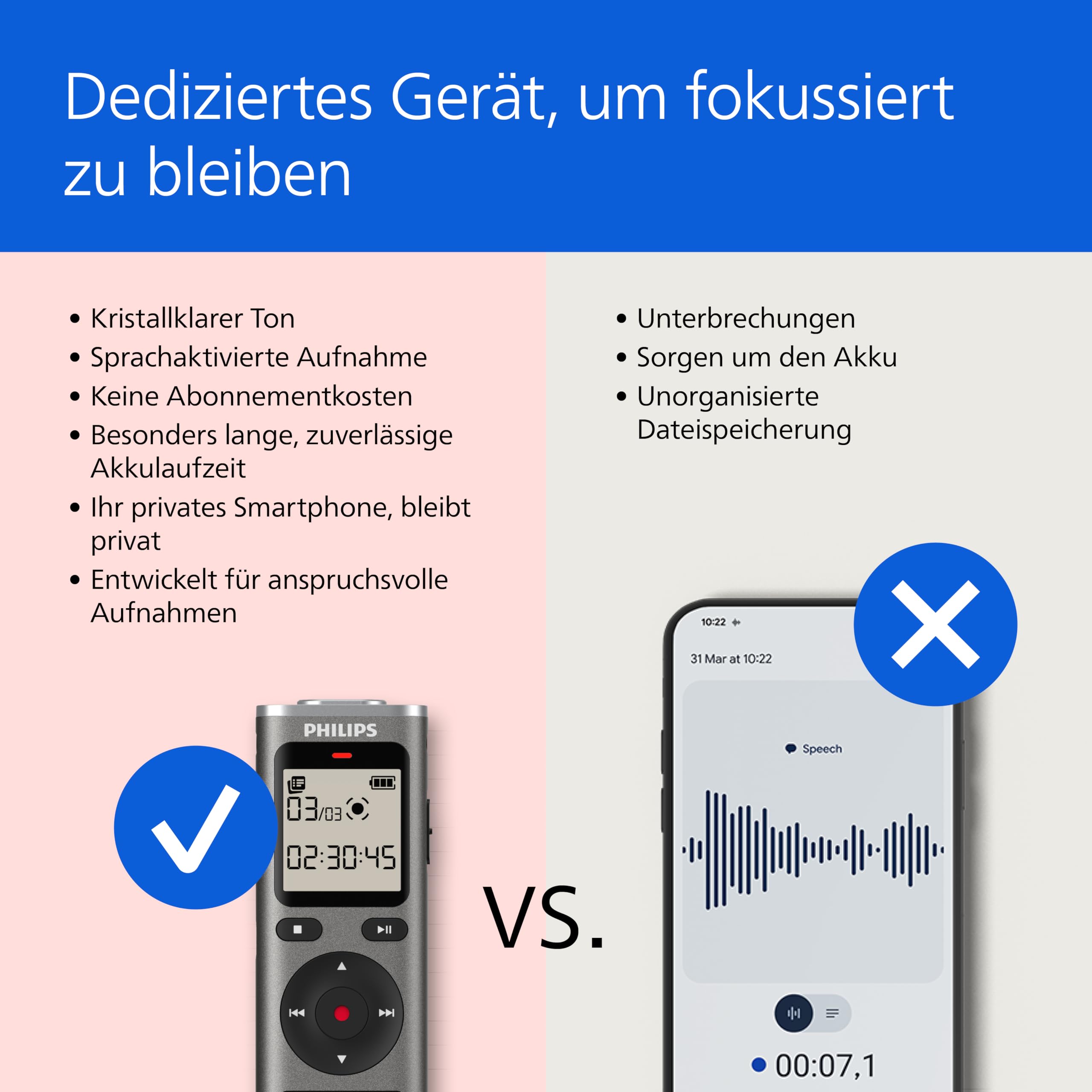 Philips DVT1170 VoiceTracer, Diktiergerät, Aufnahmegerät, 8GB, MicroSD-Steckplatz, 360°-Mikrofon