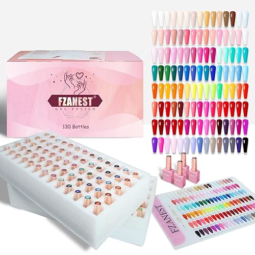 FZANEST Juego de esmaltes de uñas de gel, 130 botellas de 0.5 onzas líquidas, esmalte de gel de tamaño completo, rosa, nude, azul, amarillo, verde,