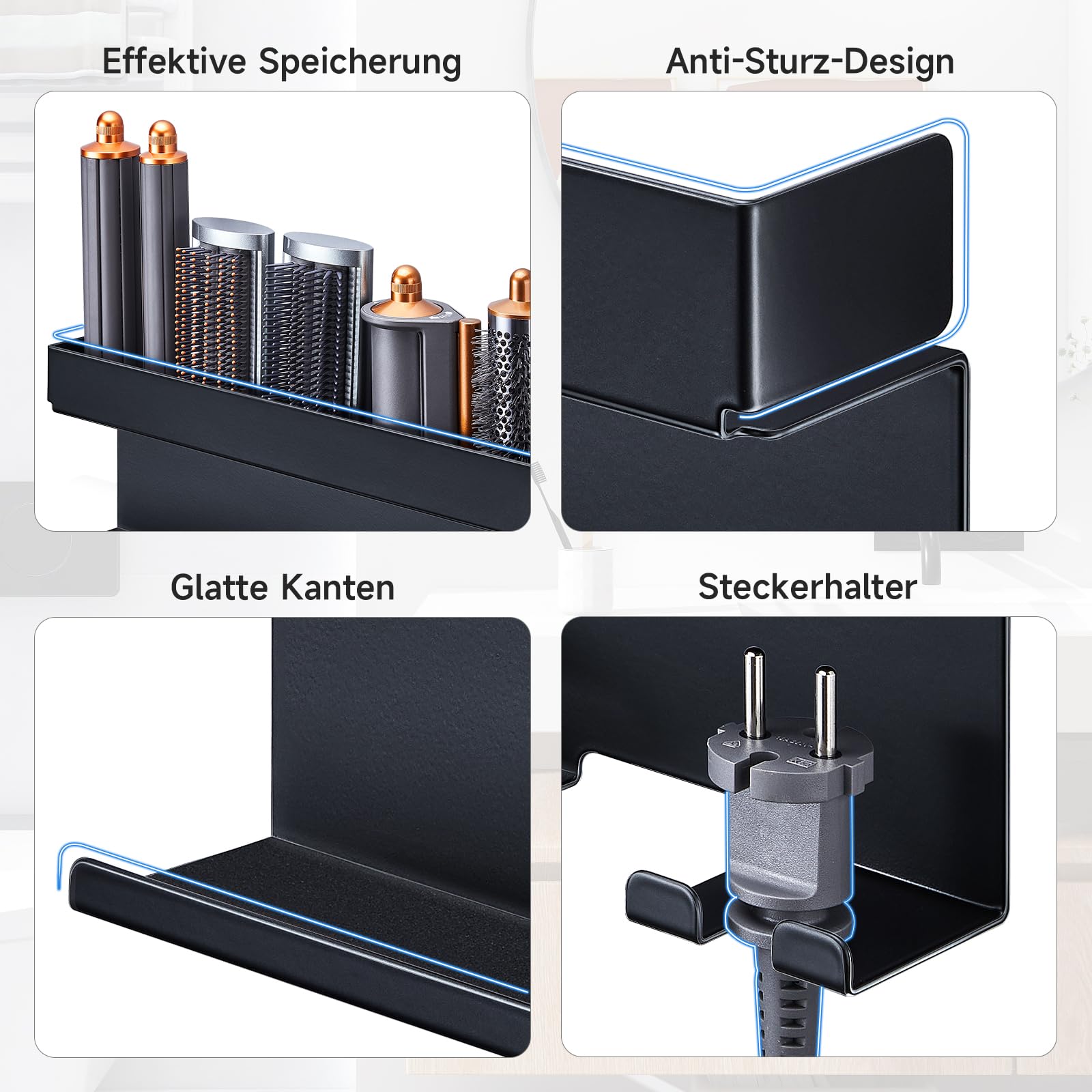YYBO Supporto Asciugacapelli da Parete, Porta Phon da Muro Adesivo per Asciugacapelli Accessori Styler Curling Device, Porta Phon e Piastra per Camera da Letto, Bagno (Nero)
