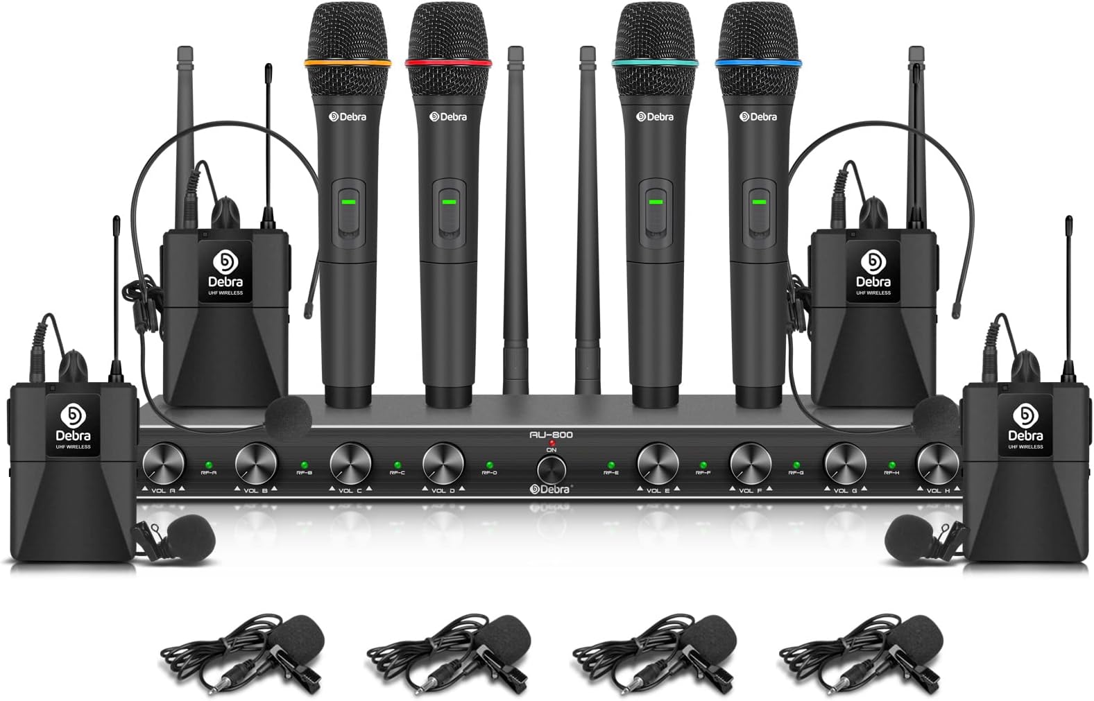 D Debra Audio AU800 Pro UHF 8 Channel Wireless Microphone System with Cordless Handheld Lavalier Headset Mics, Metal Receiver, Ideal for Karaoke Church Party