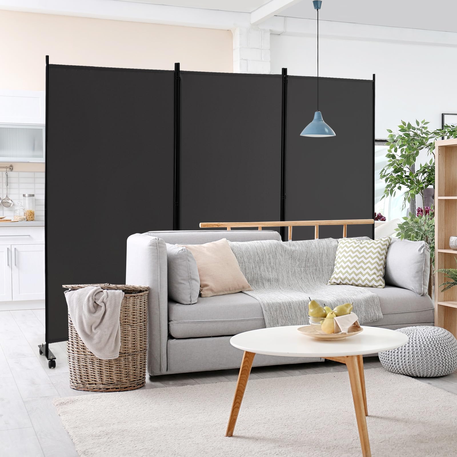 LIFEZEAL Biombo Plegable de 3 Paneles para Interior y Exterior, Divisor de Pie con 8 Ruedas, Pared Tabique, Estructura Metálica, Protección de la Intimidad, Separador de Espacios (Gris)