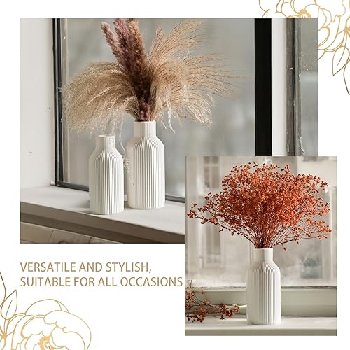 Miniatura 5 de Jarrón bohemio de cerámica blanca para hierba de las pampas, repisa, estantería, entrada y decoración de sala de estar (blanco, juego de 3)
