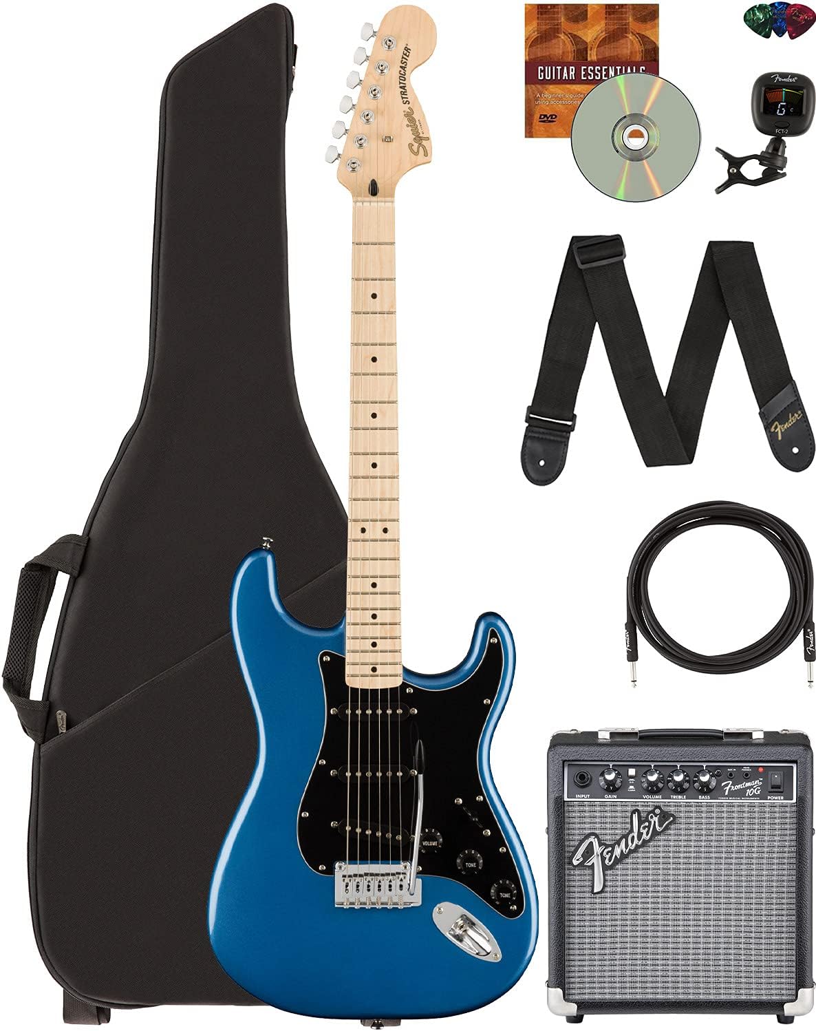 Fender Squier Affinity Stratocaster - Lake Placid Blue Bundle with Frontman 10G Amplifier, Instrument Cable, Gig Bag, Tuner, Strap, Picks, and Austin Bazaar Instructional DVD