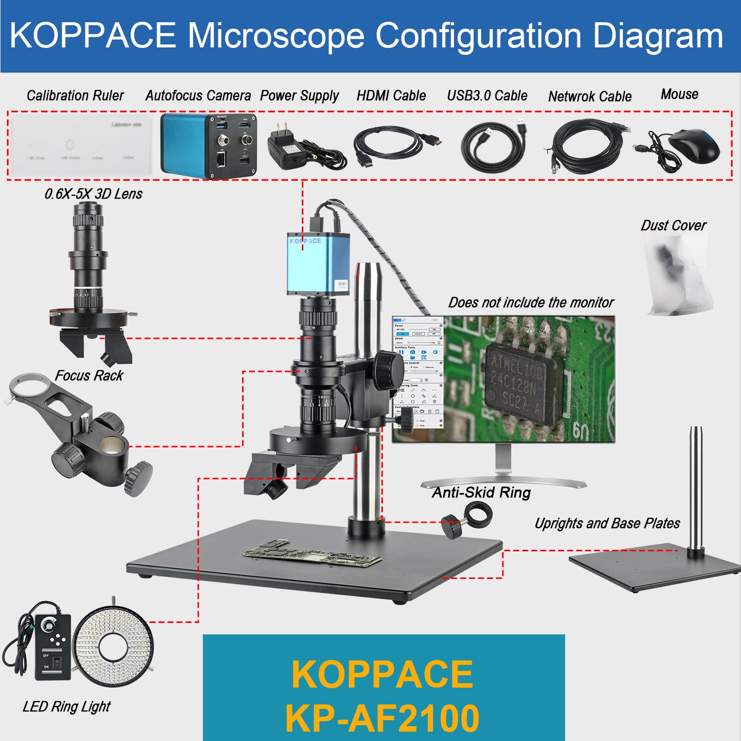 KOPPACE 25X-211X Auto Focus 3D Electron Microscope 2 MP HDMI/USB/LAN Output