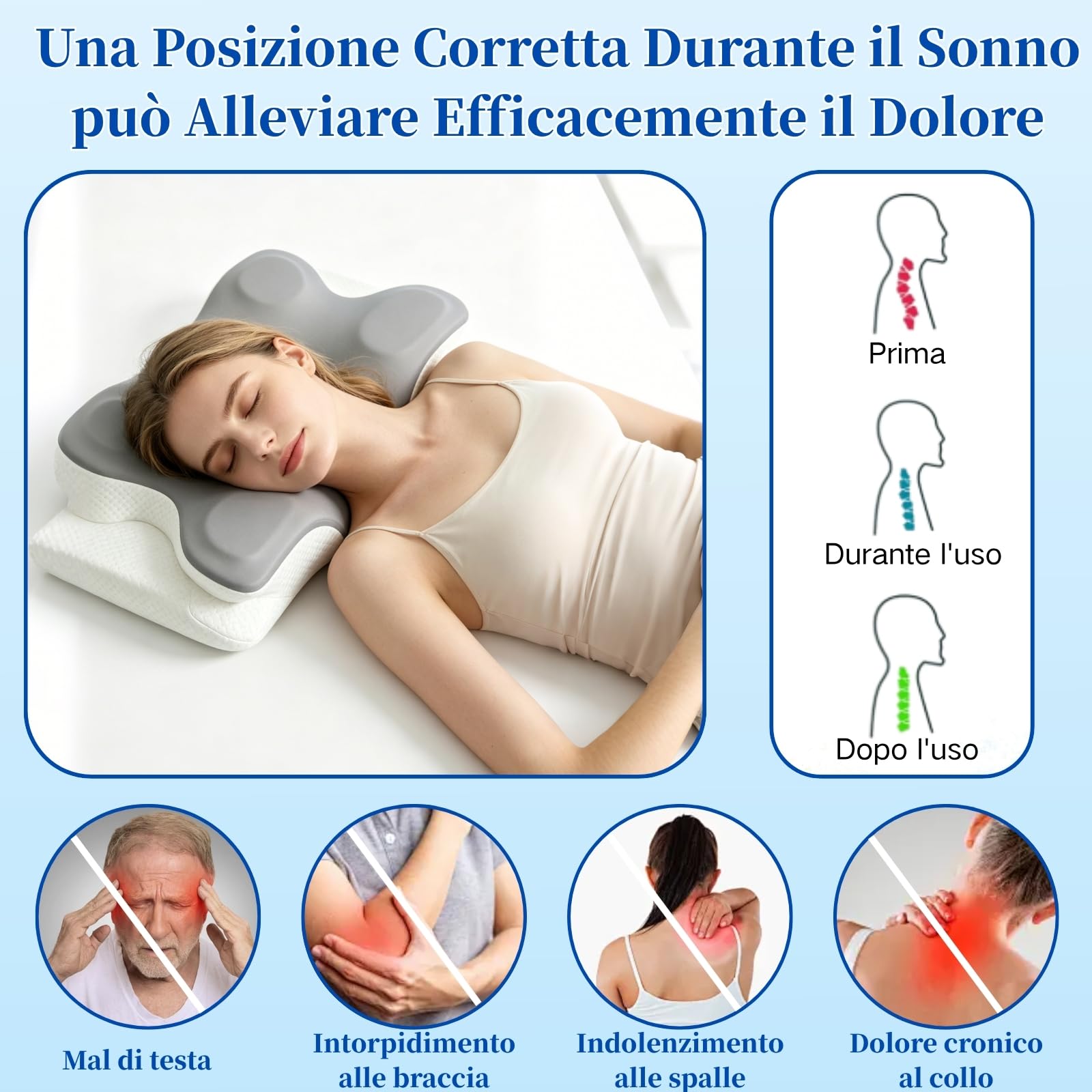 Cuscino Cervicale per Dormire in Memory Foam, 2 in 1 Cuscino Ortopedico Cervicale Ergonomico per Dolori al Collo e Alle Spalle,Adatto Per Chi Dorme Su Lati (Grigio)