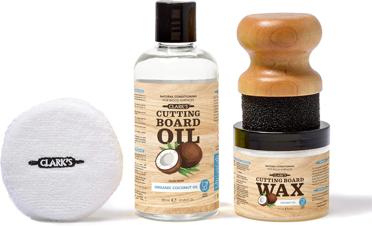 CLARK'S Coconut Cutting Board Finishing Kit - Refined Coconut Oil (12oz), Wax (6oz), Applicator and Buffing Pad - Butcher Block Oil and Wax