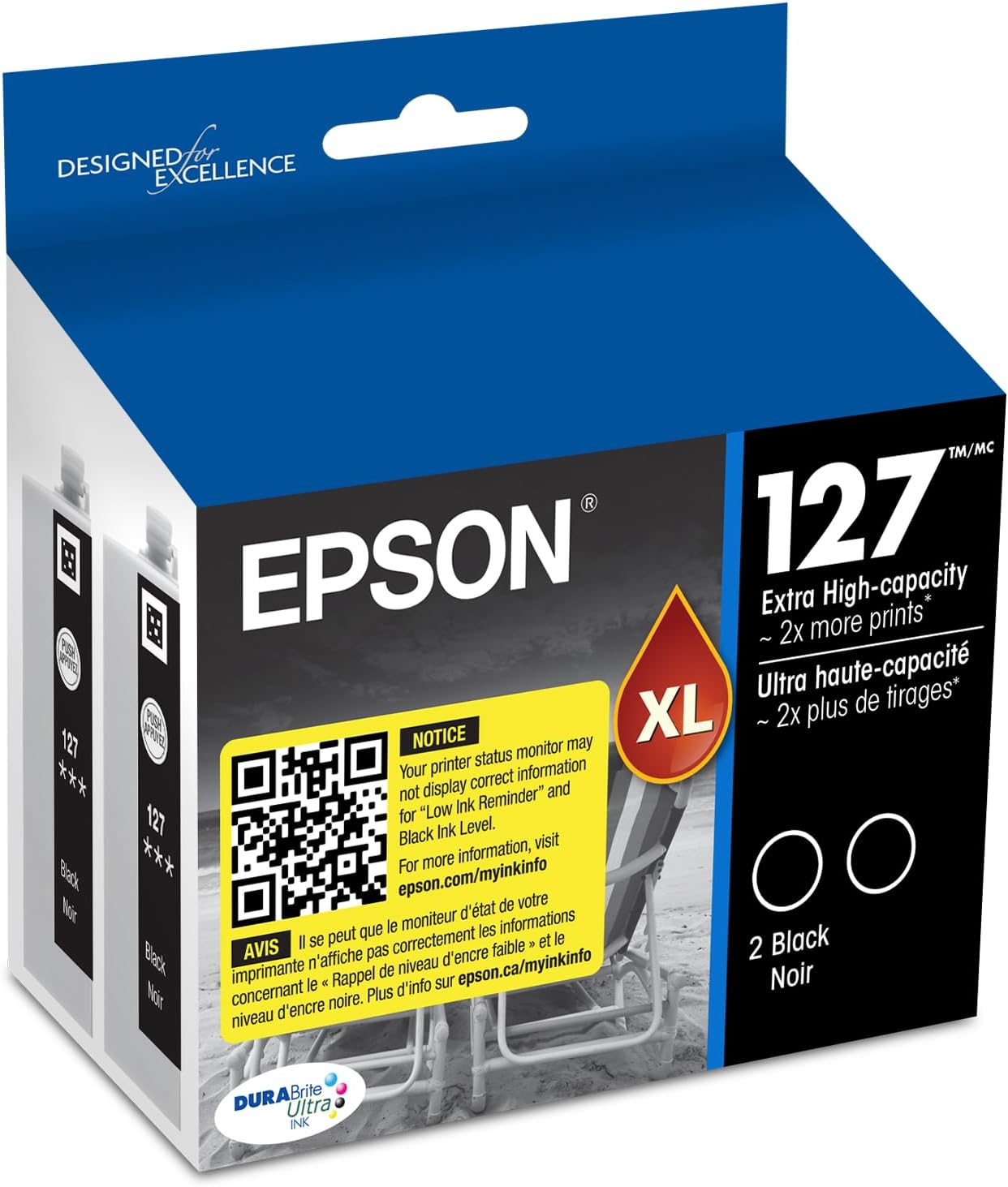 127 DURABrite Ultra Ink Black Dual Cartridge Pack For NX-530, 625, WF-3520, 3530, 3540, 545, 60, 630, 633, 635, 645, 7010, 7510, 7520, 840, 845