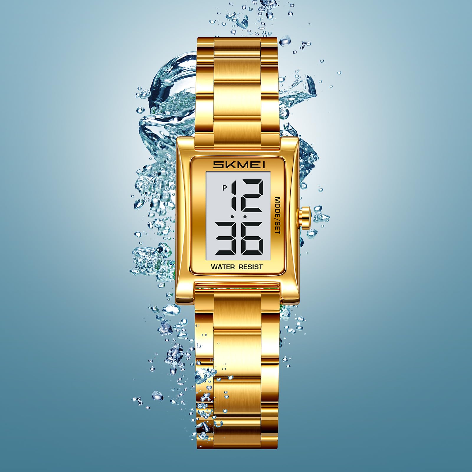 Gosasa Reloj digital rectangular para mujer, correa de acero inoxidable, gran número, impermeable, pulsera dorada, casual, visualización de 12/24 horas, fecha y día
