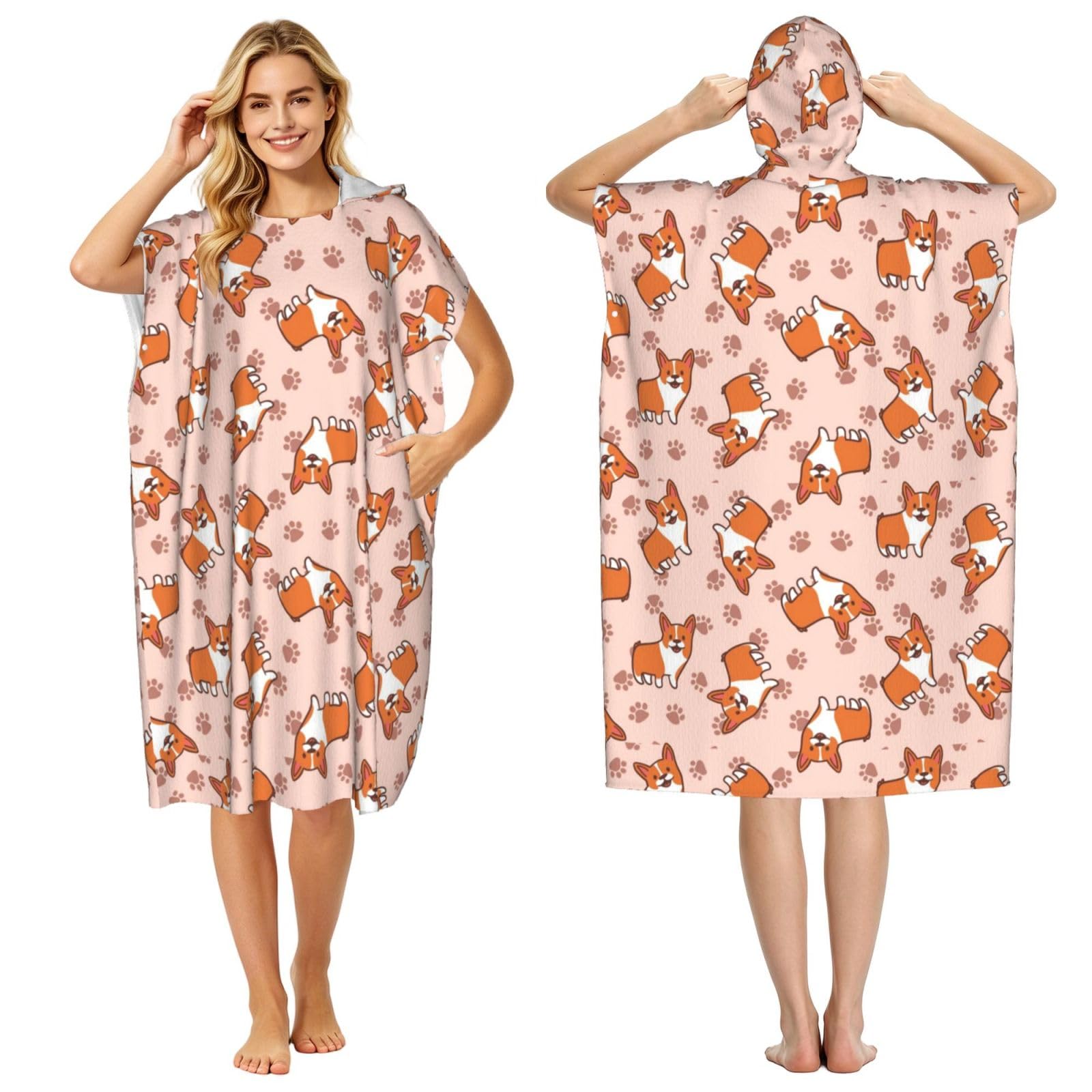 Poadnly Cartoon Corgis, Adult Hooded Beach Towel 90 x 110 cm,Changing Bath Robe, Surf Poncho Towel For Women Men