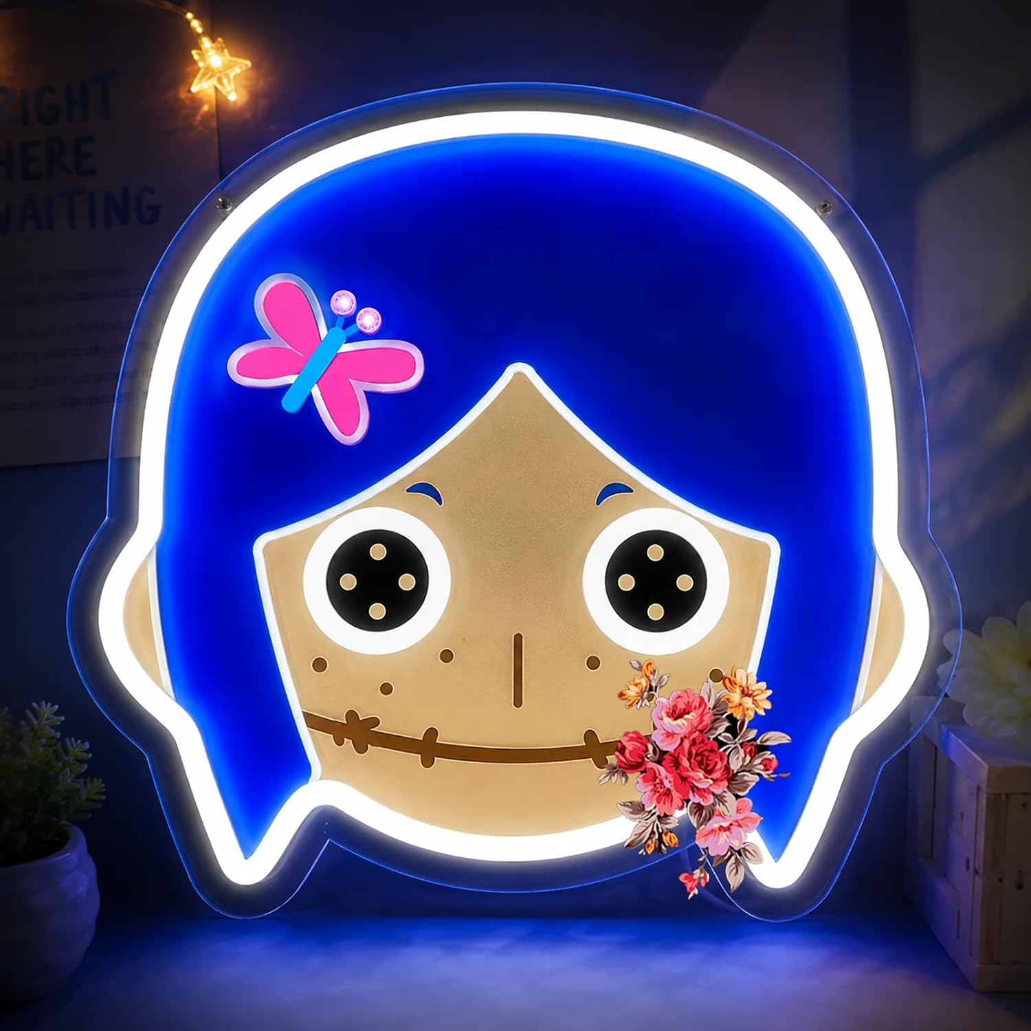 Cute Anime Neon Sign for Wall Decor ﻿﻿﻿Coralline Cartoon with Button Eyes LED Light Sign for Bedroom Kids Room, Dimmable Light Up Sign for Game Room Birthday Party Gifts
