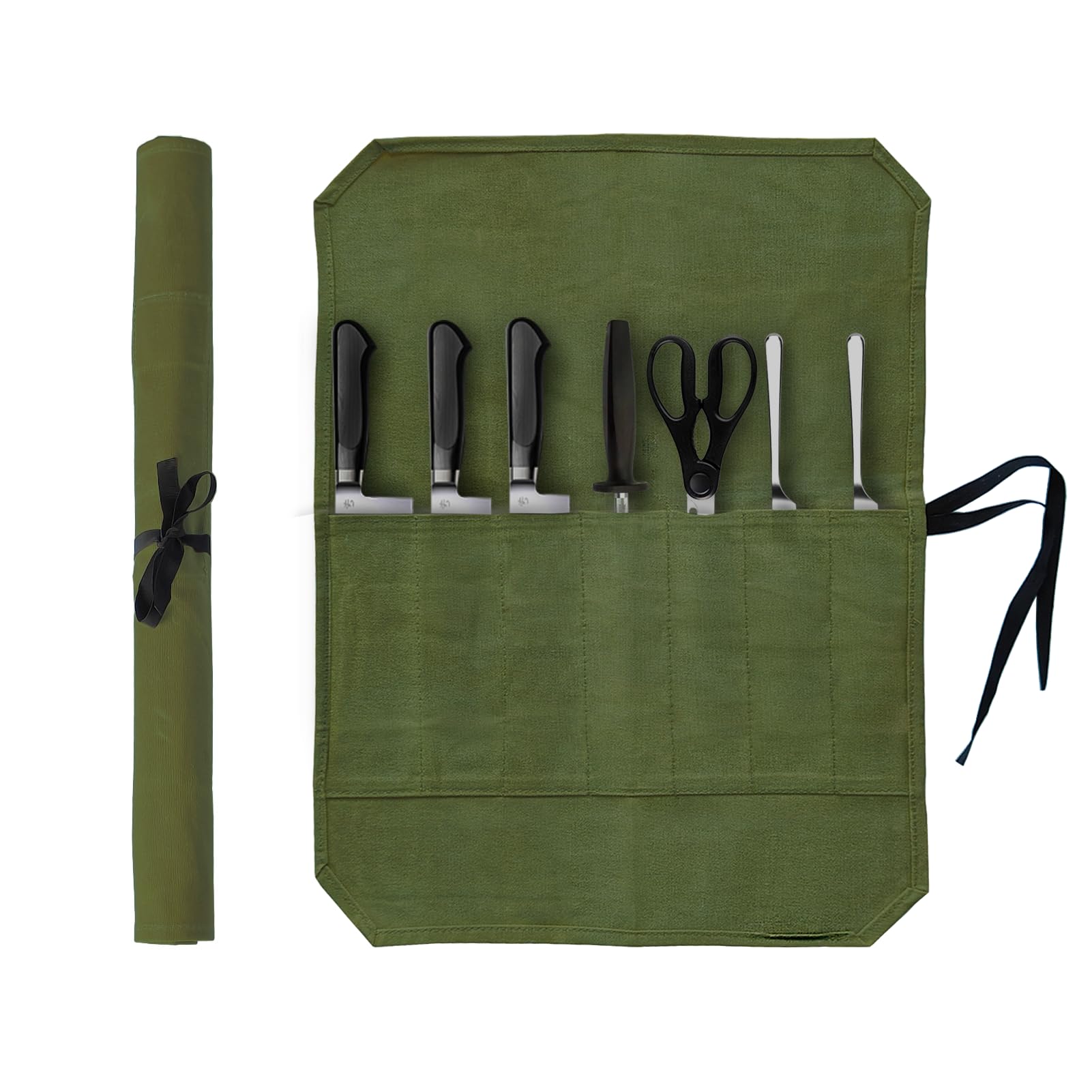 Knife Roll Bag, Waxed Canvas Chef's Knife Roll Bag with 7 Slots, Portable Knives Pouch Knife Storage Case Knife Carrier for Home Camping Picnic Chefs Cooking Lovers, Khaki(Bag Only) (Green)