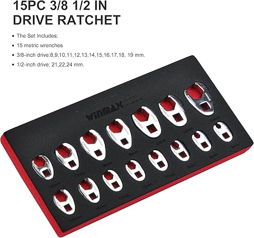 Miniatura 2 de Juego de llaves de pie de gallo de 12" y 38", 15 piezas de llaves métricas para patas de cuervo, tamaños de 0.315 in-0.945 in, juego de llaves de