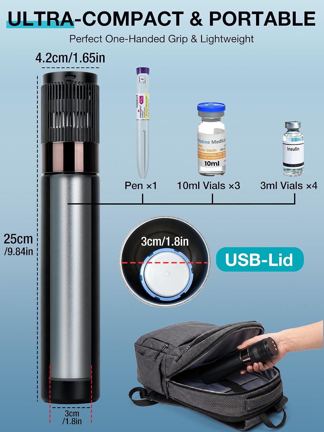 YOUSHARES Portable Electric Insulin Cooler Travel Case TSA Approved-Black | Diabetes GLP-1 Medication cooling for 1 Pen or 3 Vials, 35-77°F Adjustable Temp & Display, Peptide Cooler storage for Travel