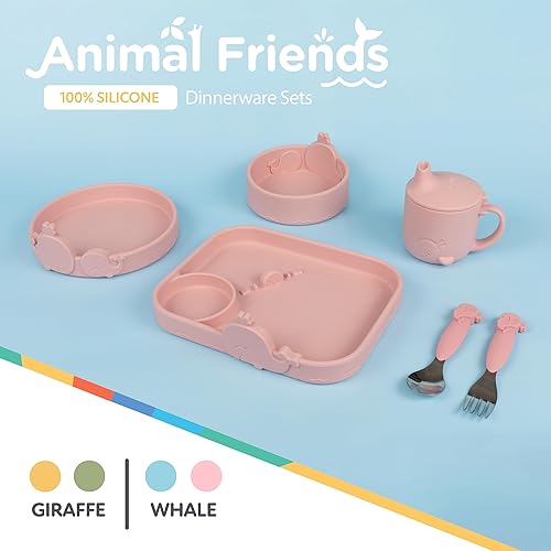 Miniatura 4 de Nuby Animal Friend Plato Redondo de Silicona - Plato para Niños Pequeños - 6+ Meses - Plato de Ballena Rosa