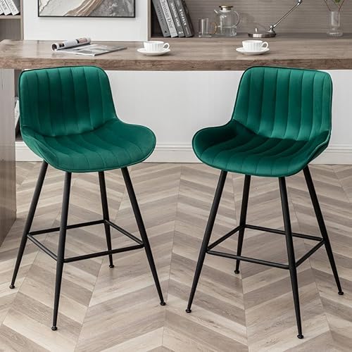 24 Inches Velvet Upholstered Island Stools, Bar Stools Set of 2, Fabric Counter Stools with Back, Counter Height Bar Chairs with Black Legs for Home Kitchen Island, Green.
