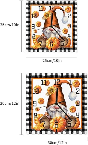 Miniatura 7 de Thanksgiving Wooden Wall Clock Silent Non Ticking, Orange Pumpkin Gnomes Fall Black White Plaid Square Wall Clock Battery Operated, Decor Clock for