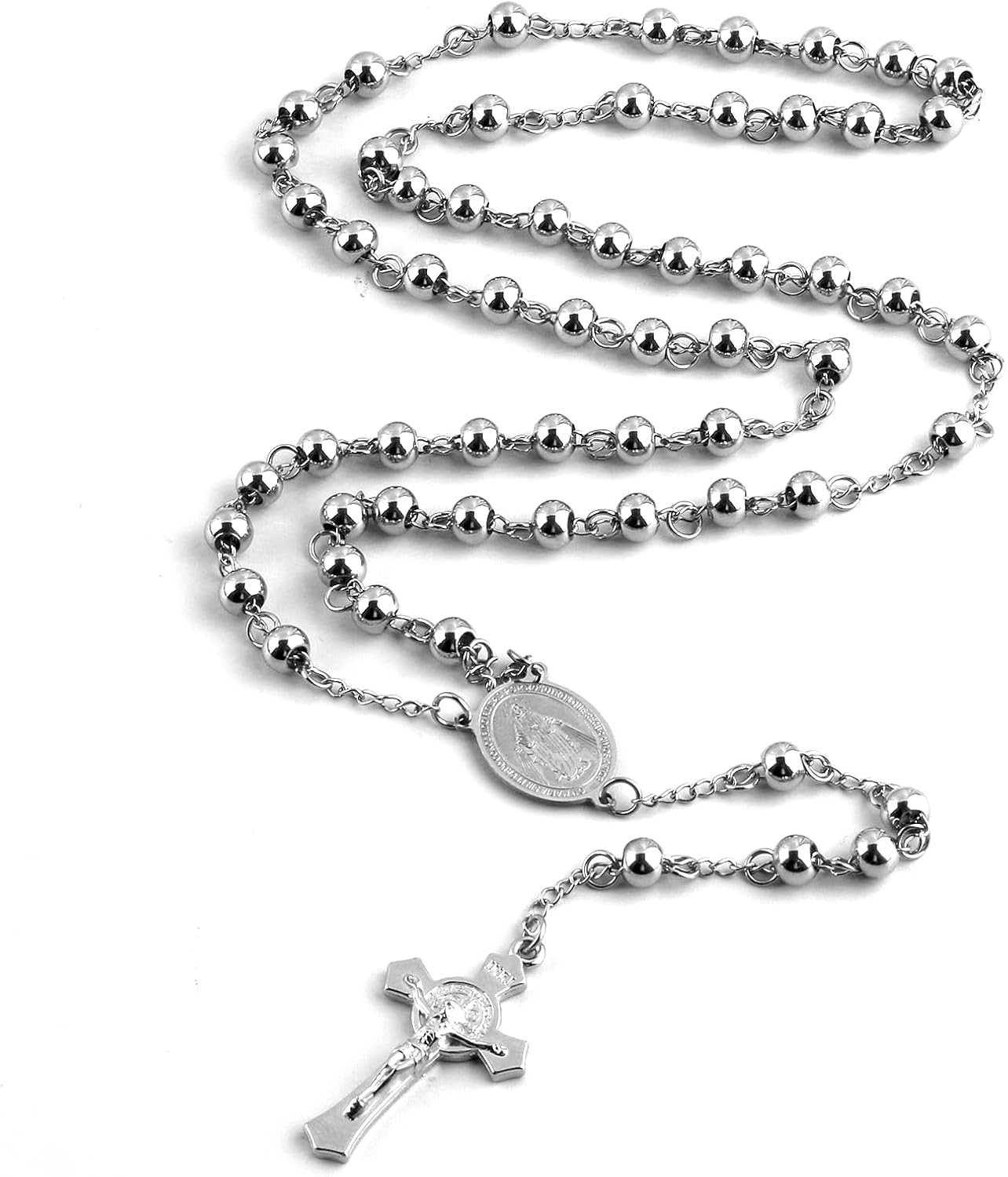 6mm Beads Stainless Steel Saint Benedict and Crucifix Cross Pendant Rosary Necklace with Gift Box - Image 2