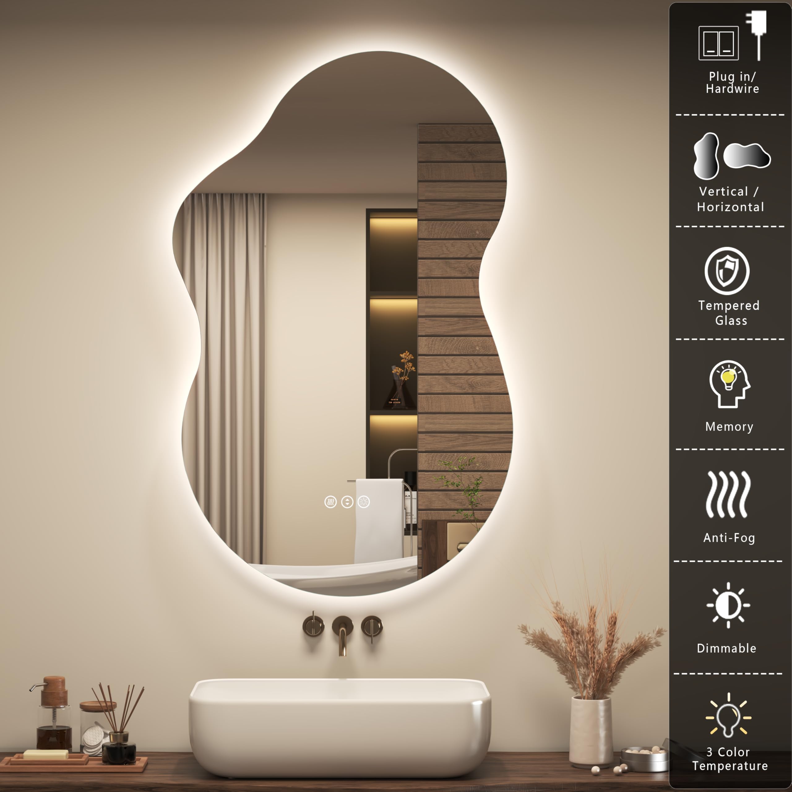 OKPAL Espejo retroiluminado irregular para pared de 24 x 36 pulgadas, espejo de baño asimétrico iluminado con luces, inastillable, antivaho, regulable, función de memoria (horizontal/vertical)