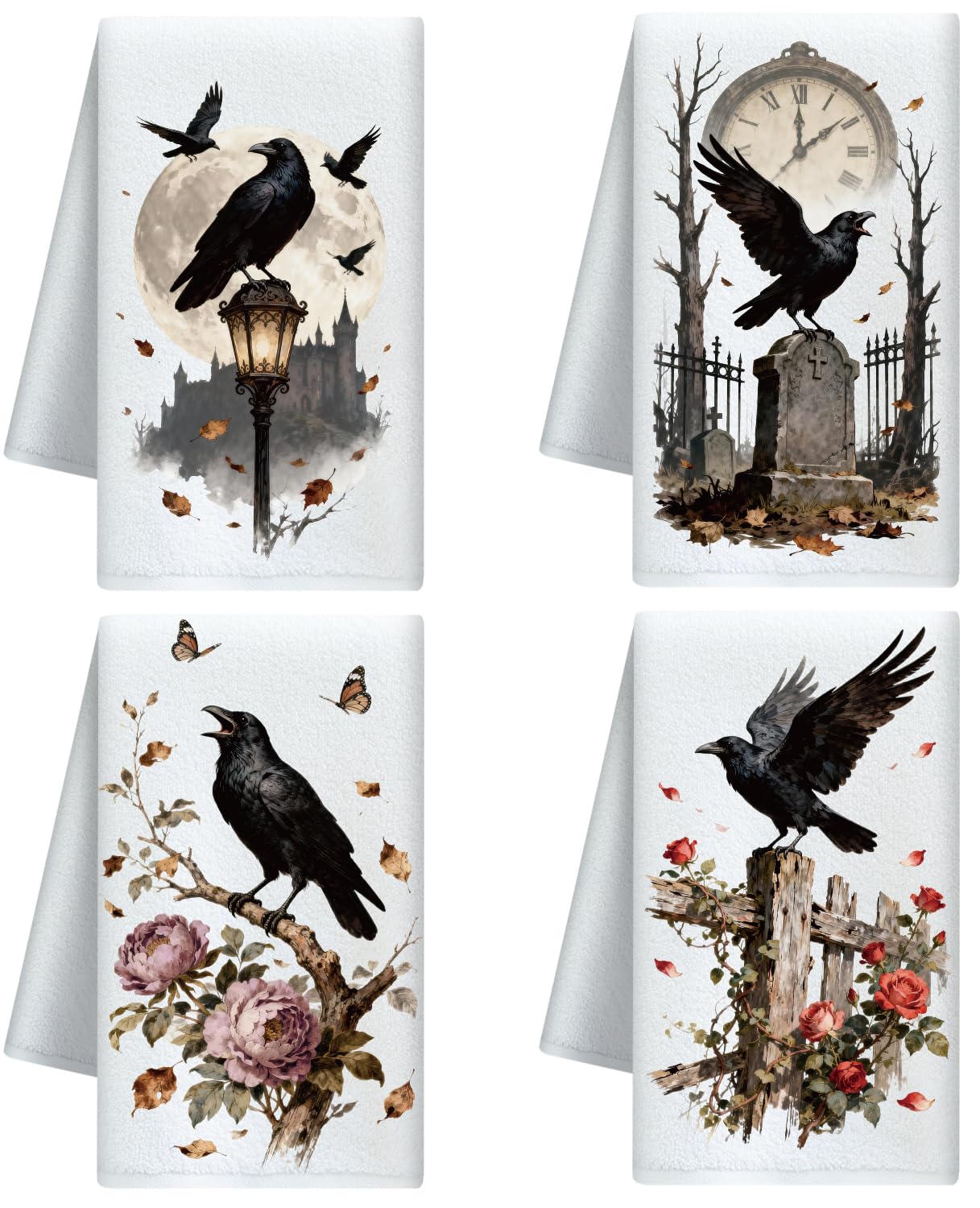 CUTHOLLOW 4Pcs Retro Gothic Crow Kitchen Towels Cute Tea Towels