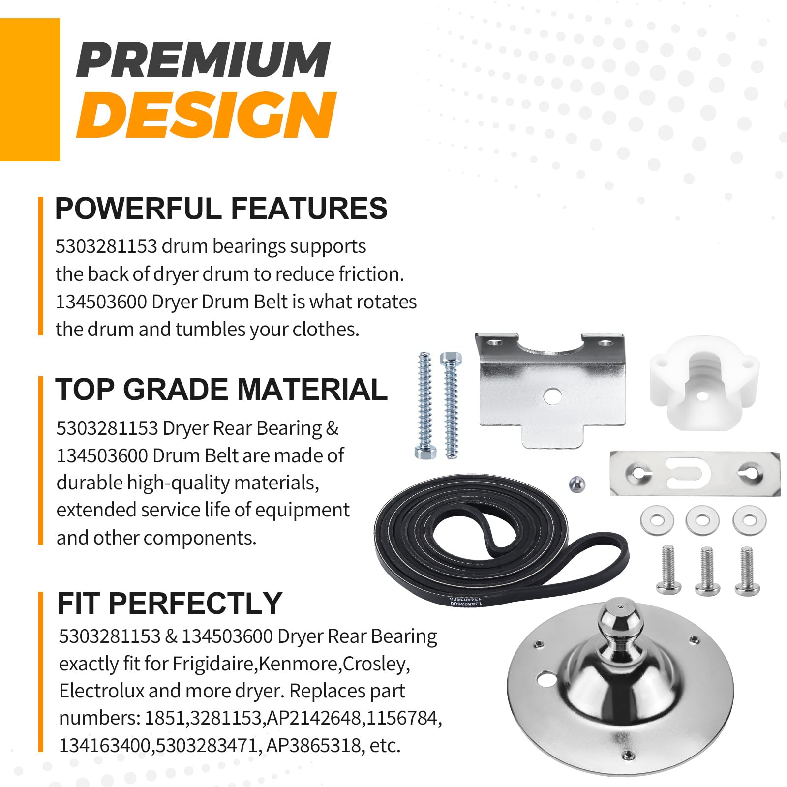 5303281153 Kit de rodamientos de tambor trasero para secadora - Compatible con secadoras Frigi-daire Ken-more - Sustituye a PS459829 AP2142648 PS1148434 134163400