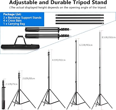 Wowstar 2.6 x 3 m/8.5 x 10 ft Adjustable Photo Stand with Carrying Bag Background Support System Kit Aluminum Alloy Black Background Support System Kit for Birthday Party, Wedding