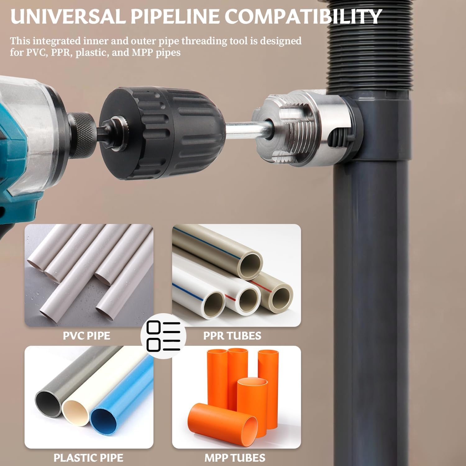 PVC Pipe Threader Set 1/2, 3/4 and 1 Inch | Integrated internal and external pipe threading tool, drill compatible, for plumbing repair PVC pipes and DIY projects thumbnail