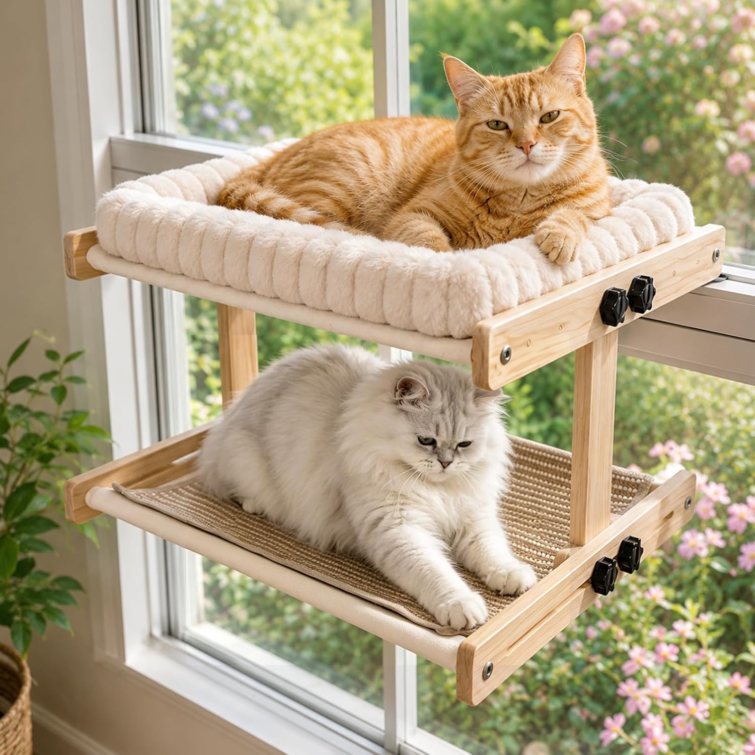 Teabelle Double Layer Cat Window Perch with 3 Interchangeable Mats | Bedside Sleeper, Adjustable Solid Wood Tree Cat Hammock for Small & Medium Breeds, Sturdy Window Bed(Plush, Sisal, Canvas)