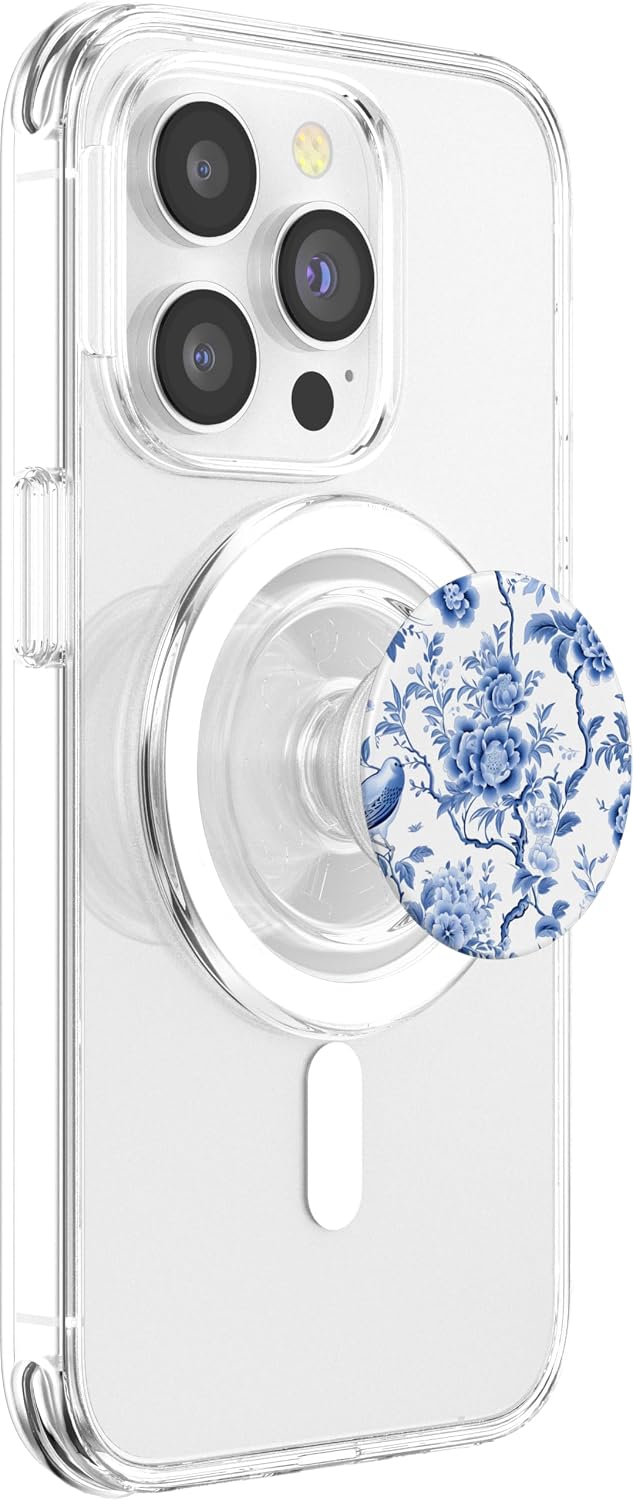 Floral Bird Chinoiserie Toile Blue PopSockets PopGrip for MagSafe