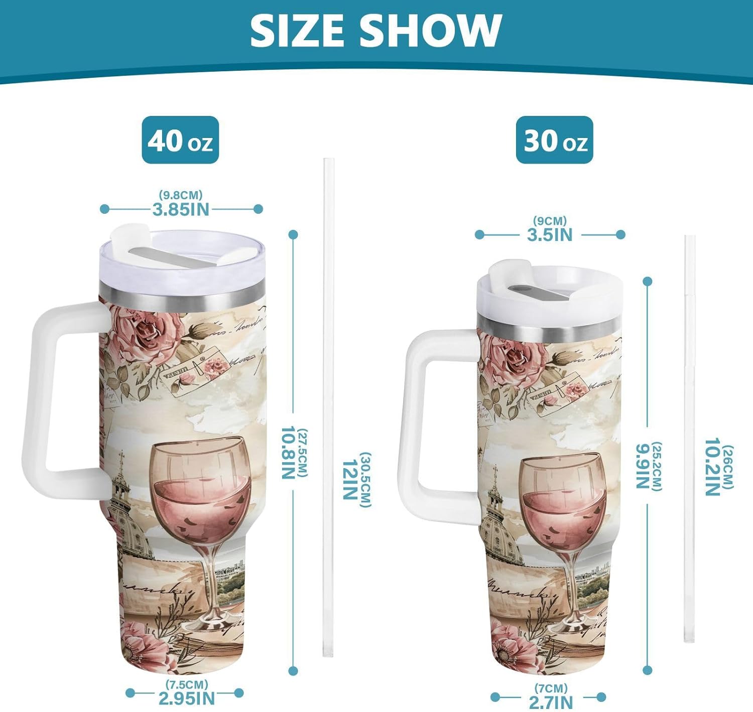 YETTASBIN Paris Eiffel Tower 40 oz Tumbler with Handle, Stainless Steel Vacuum Insulated Sports Water Bottle, Leak-proof Travel Coffee Mug Cup with Lid and Straw for Water, Iced Tea or Coffee
