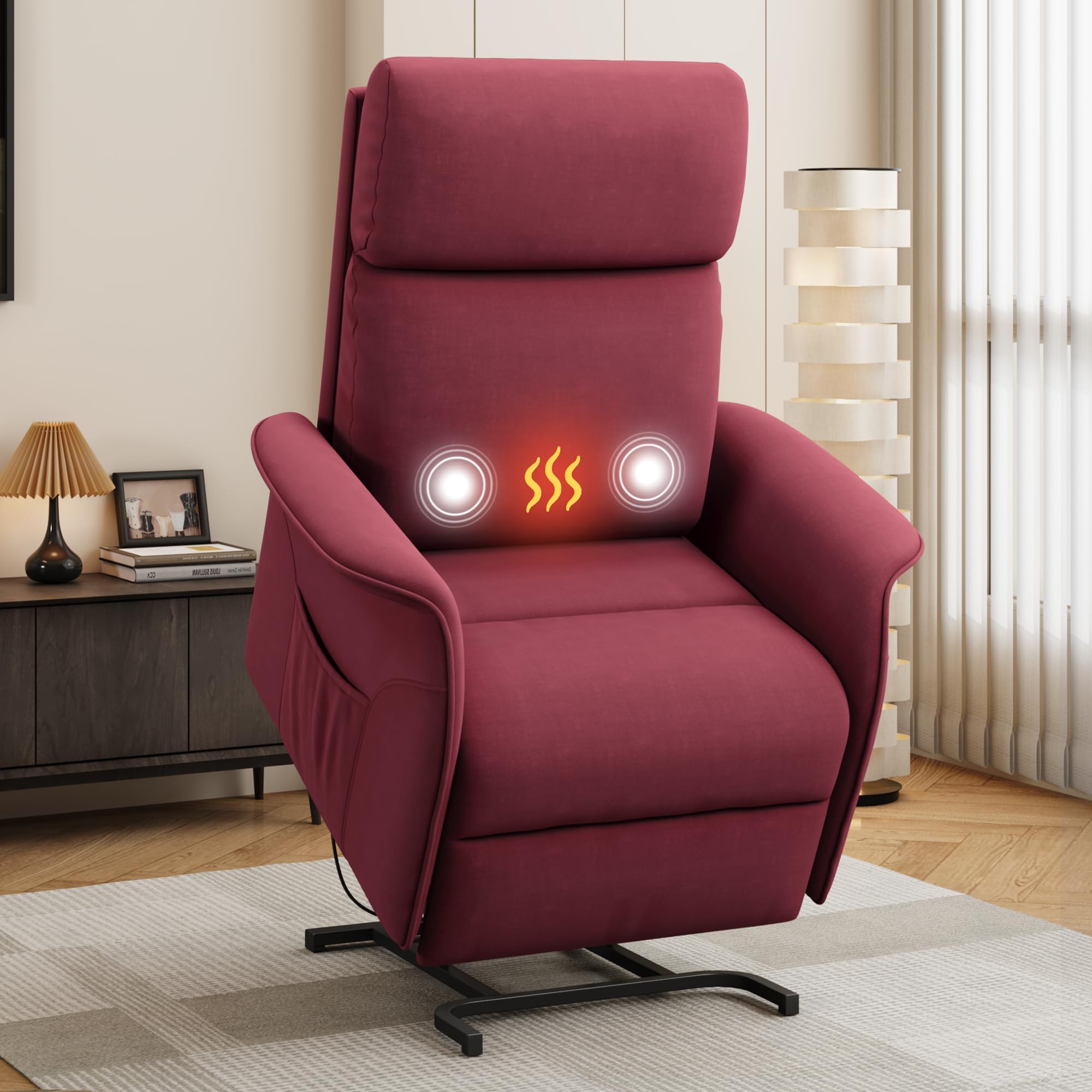 large power lift recliner chair with massage and heat for elderly, electric recliner chairs for adults with large seat, side pocket, remote control, infinite position, fabric, burgundy