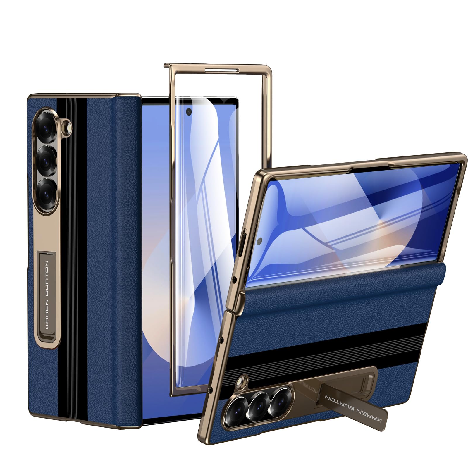 Kalernd for Samsung Galaxy Z Fold 6 Phone Case [Luxury Premier Genuine Leather] [Full Body Hinge Protection] [Built-in Screen Protector] [Kickstand Slim Protective Cover] for Galaxy Z Fold6 (Blue)