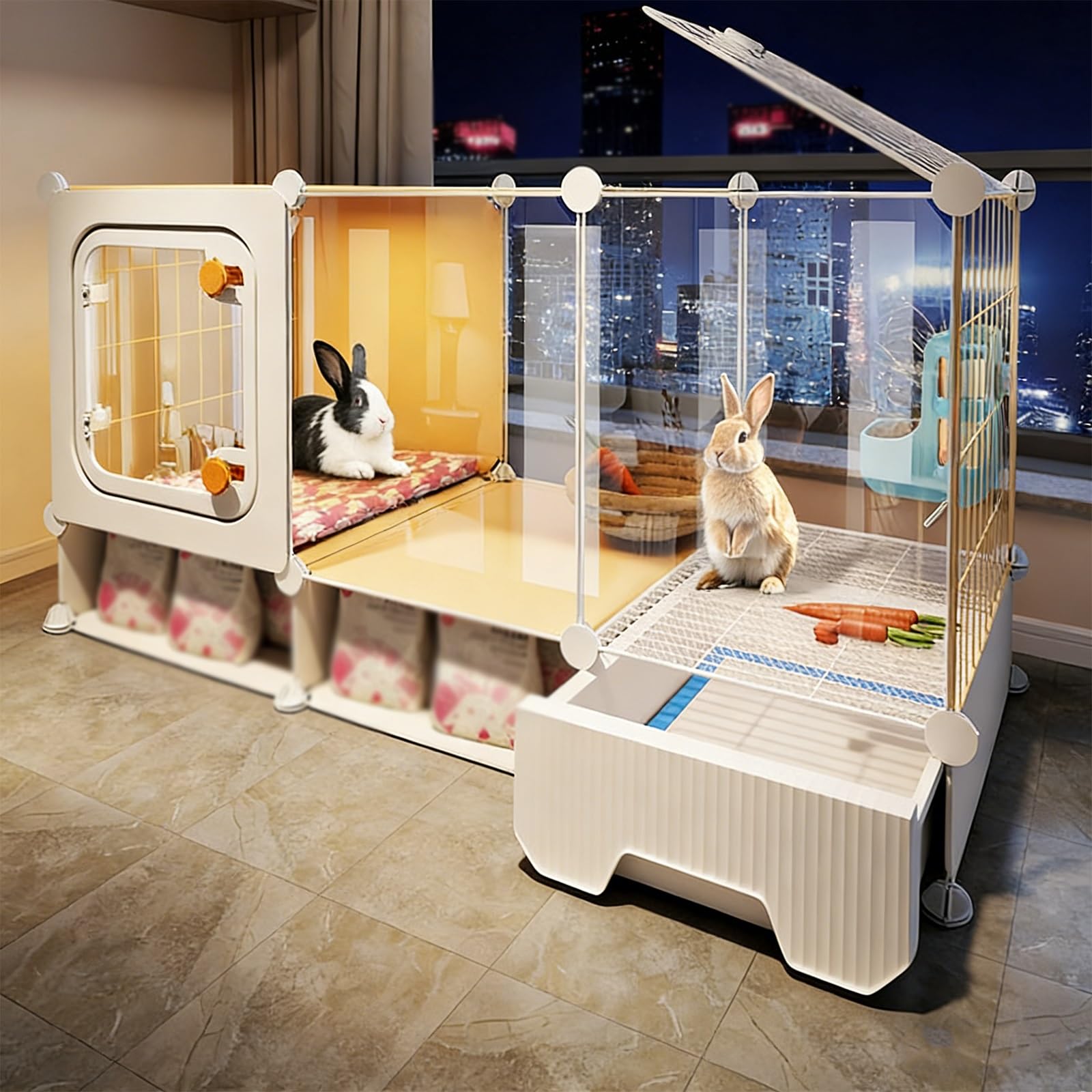 Cage Lapin Transparente, Clapier d'intérieur avec Plateau Coulissant et Espace de Rangement, Cage Cochon d'Inde, for Petits Animaux(106x36x52CM)