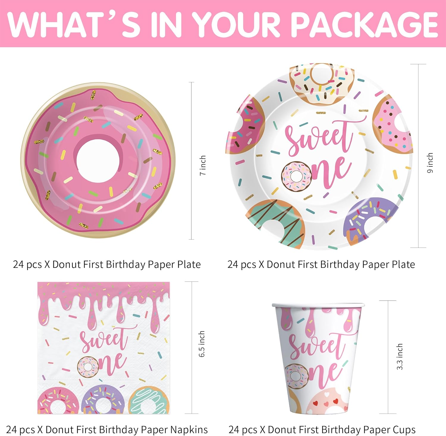Xigejob Donut Sweet One Birthday Party Decorations Tableware For Girls First - Pink Donut 1st Birthday Party Supplies, Plate, Cup, Napkin, Cutlery, Tablecloth | Serves 24 - Image 2