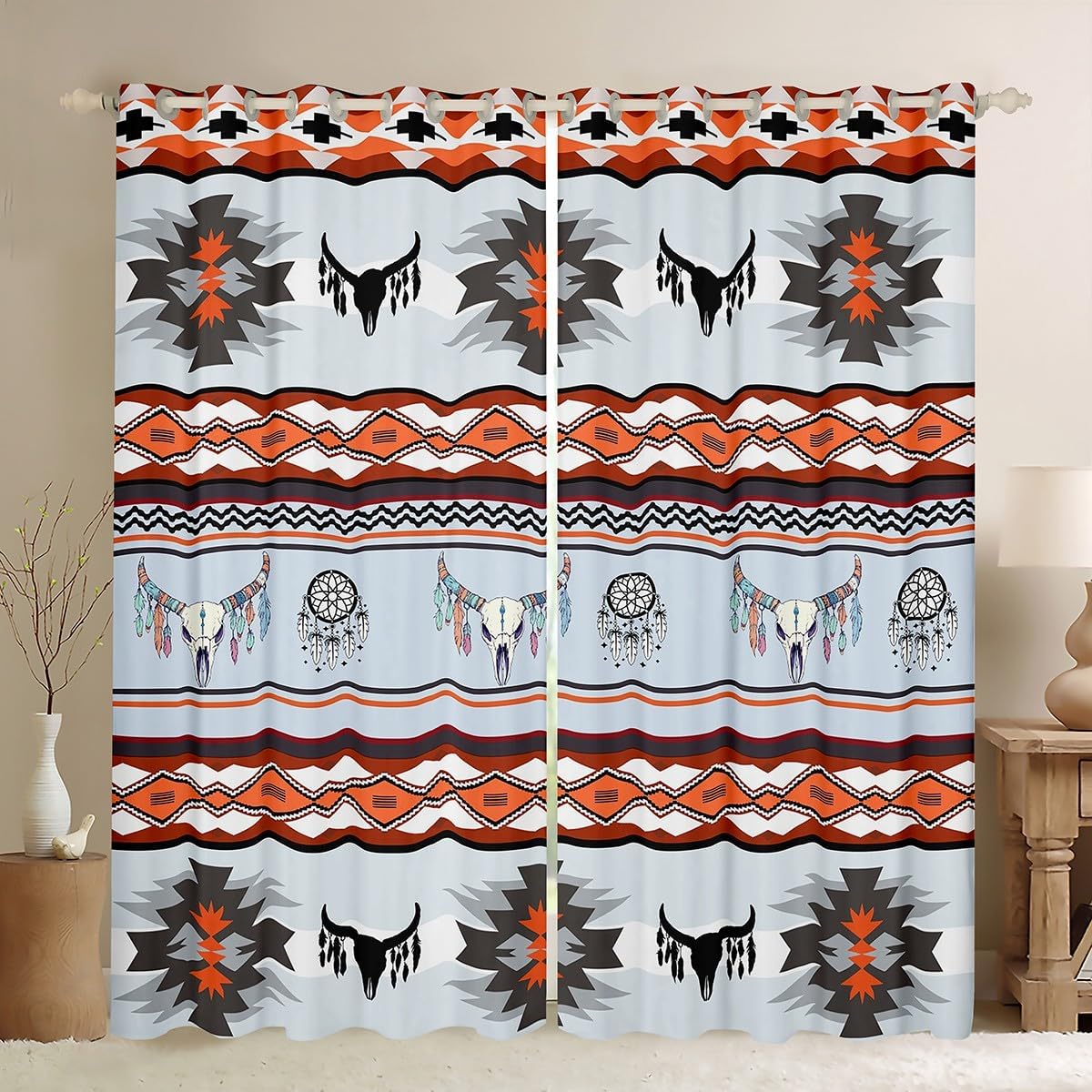 Feelyou Pink Boho Skull Window Curtains for Kids Cow Skull 30%-50% Blackout Curtains Boys Girls Ethnic Tribal Darkening Drapes for Bedroom Western Living Room Window Treatments (2 Panels, 42'' x 90'')