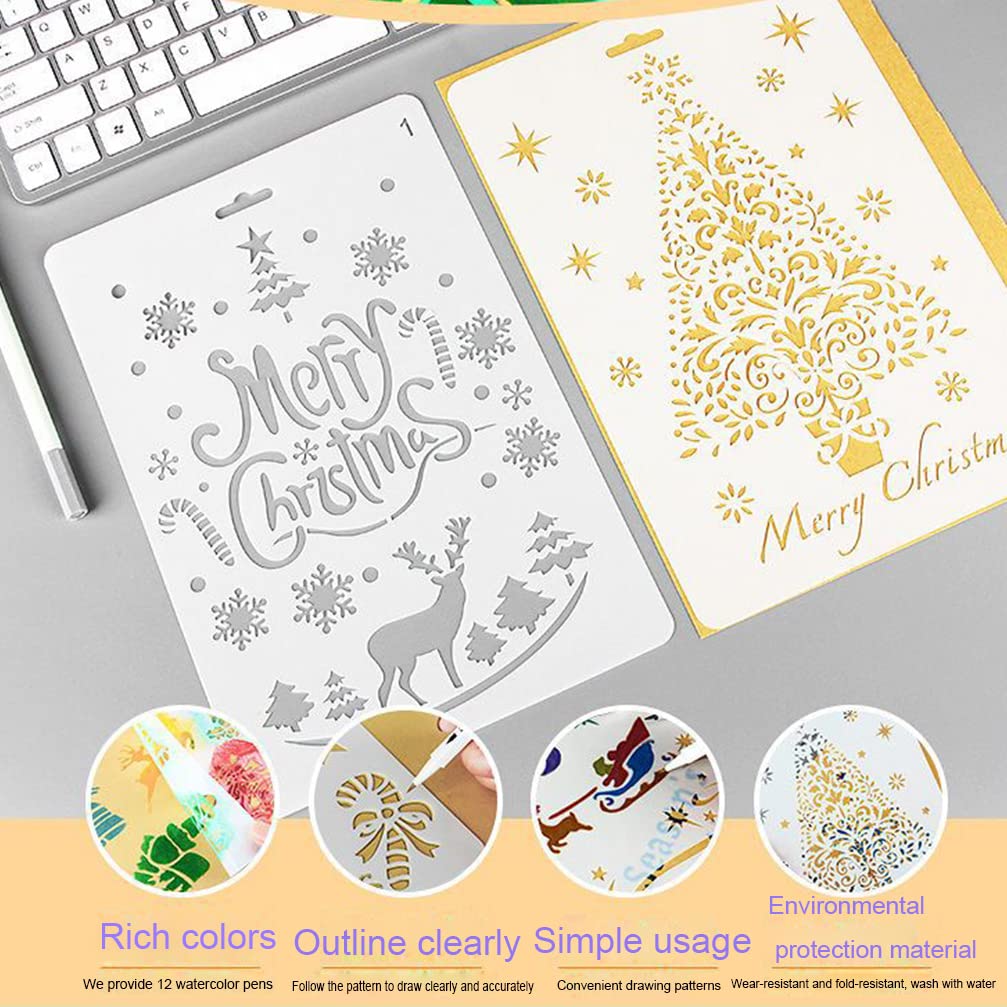 6Pcs Christmas Stencils and 12 PCS Washable Watercolor Pen Set for Painting on Wood,10.2 X 6.8 Inch Large Reusable Christmas Gnome Stencil for Christmas Decor Fabric Canvas Wall Painting Templates 3
