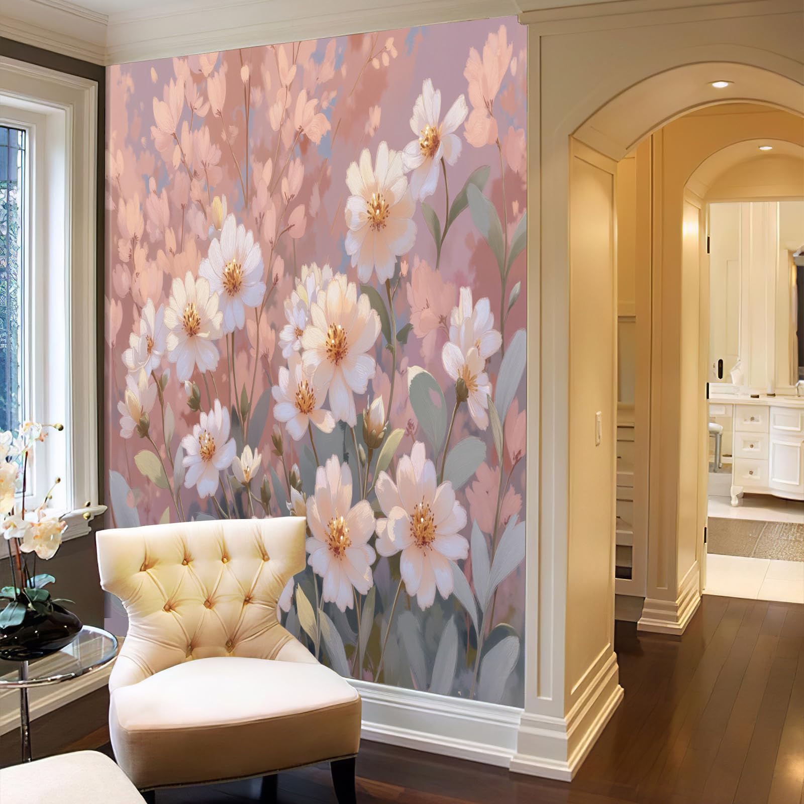 Papier Peint Panoramique En Soie Rose Blush - Floral Rêveur - 250X175Cm - Revêtement Mural Décoration Paysage Végétal Décoration Tapisserie Wallpaper Muraux Photo Salon Chambre