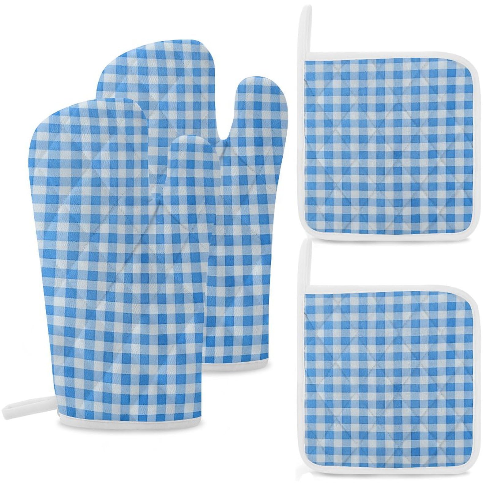 Maniques et gants de cuisine résistants à la chaleur lot de 4 en coton épais bleu et blanc