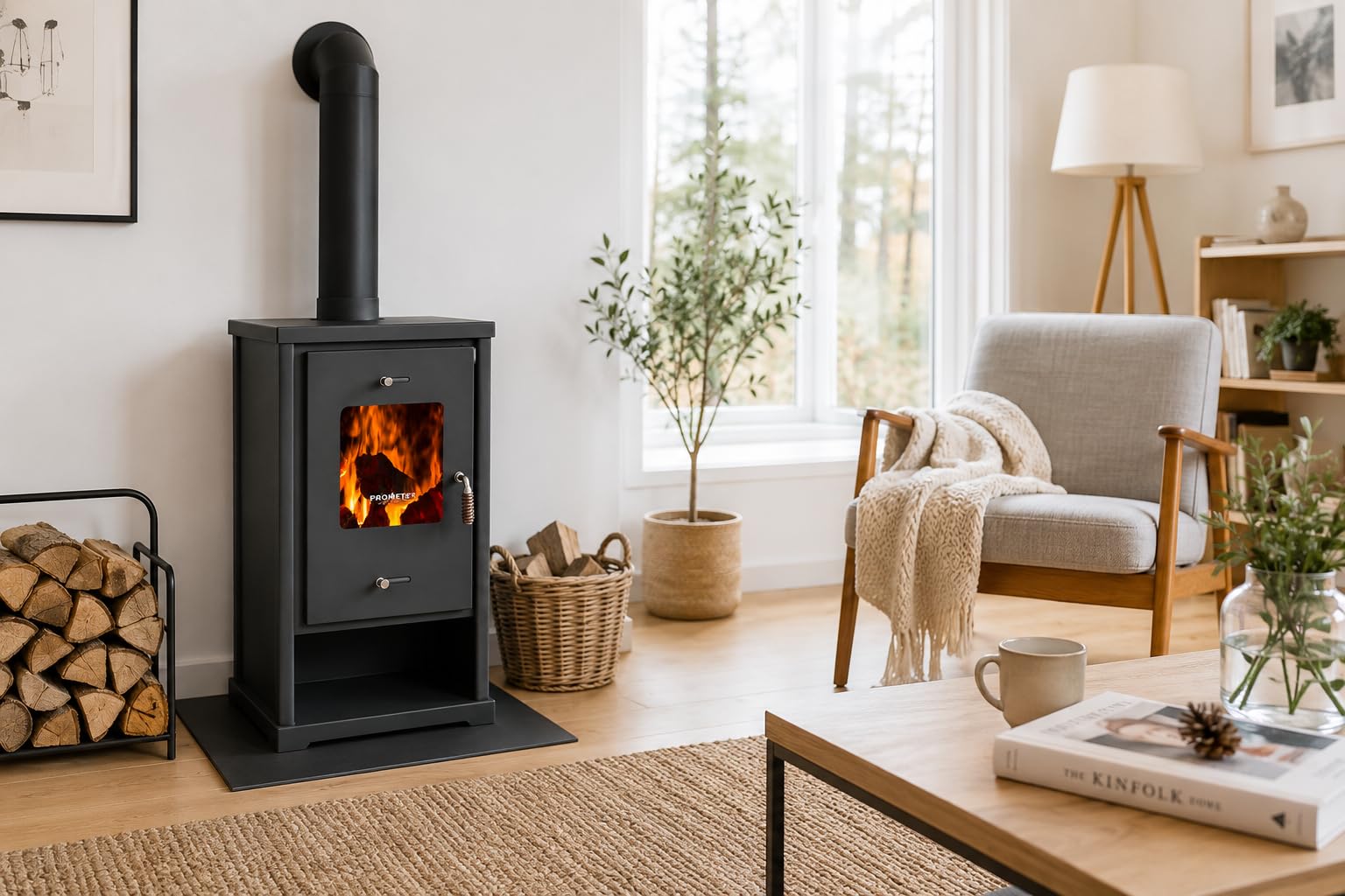 Prometey EEK A+ 96175 - Stufa a legna da 10,2 kW, colore: antracite, altezza 79 cm, larghezza 50 cm, profondità 42 cm, 64 kg