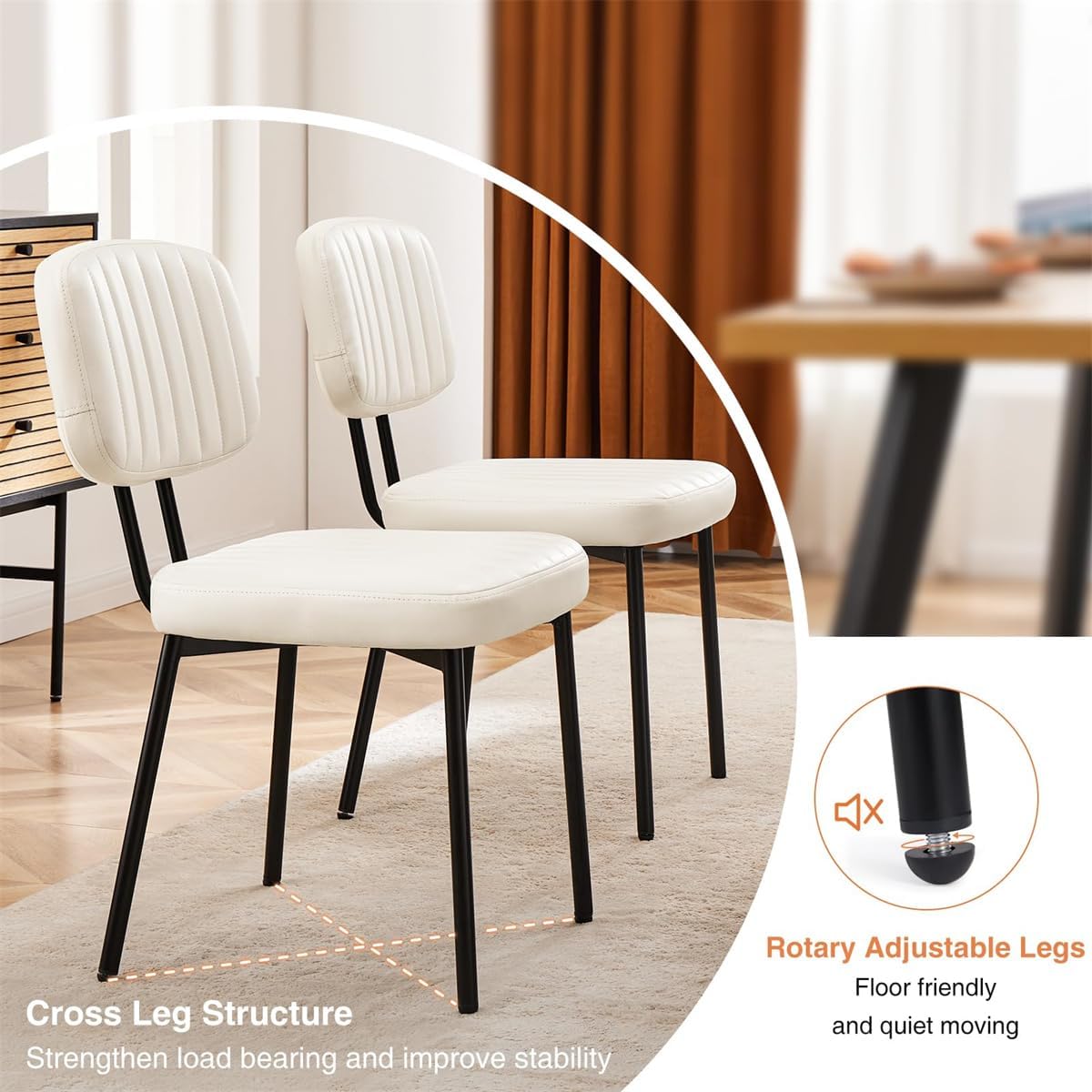 Dining Chairs Set of 2, Mid Century Modern Upholstered Kitchen Chair with PU Leather Cushion Seat & Metal Legs for Home/Living Room/Bedroom/Office-White