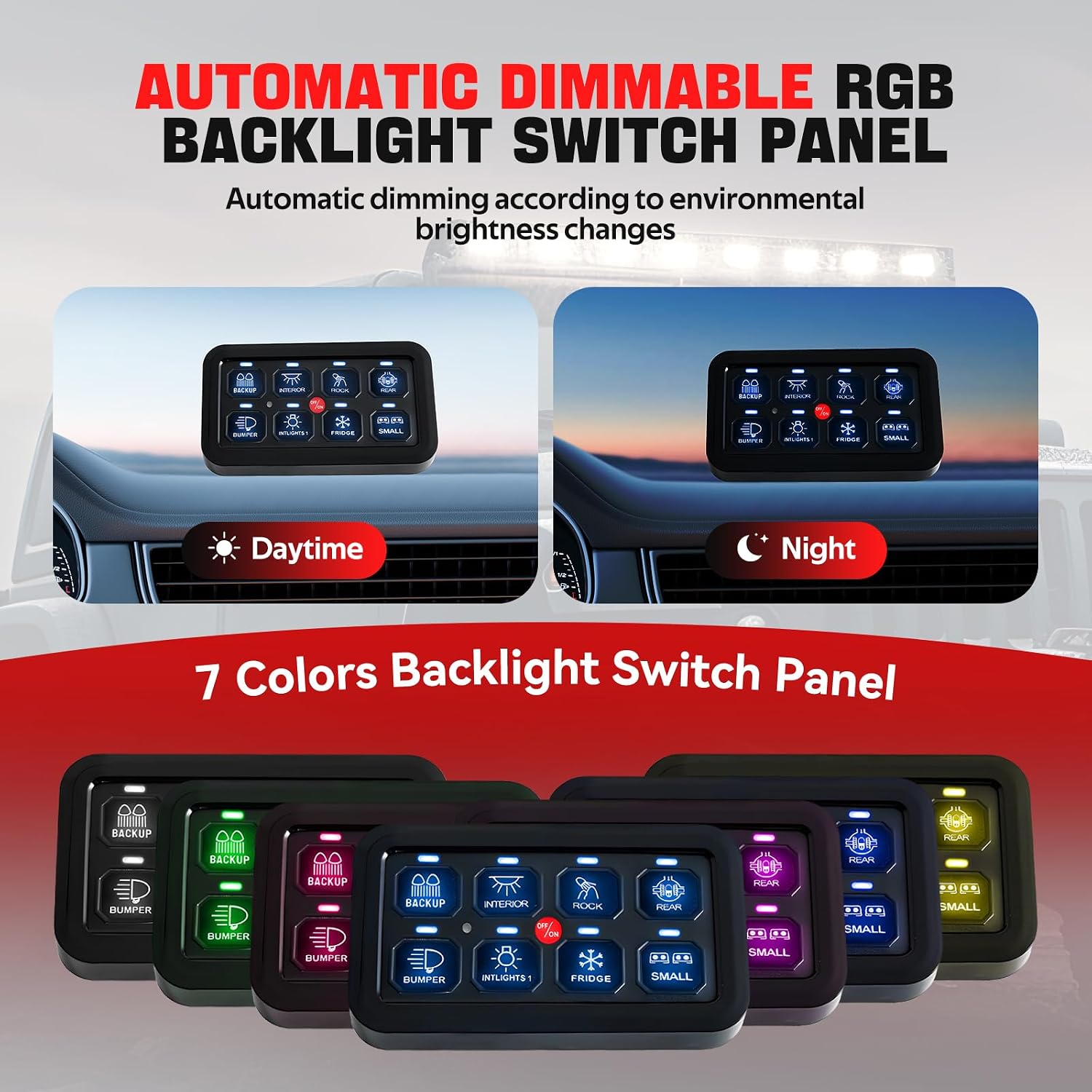 8 Gang Switch Panel w/RGB Toggle Momentary Pulsed Memory Function Auto Dimmable ON Off LED Switch Touch Box Universal Circuit Control Relay System 12/24V Waterproof for Car Truck ATV UTV SUV