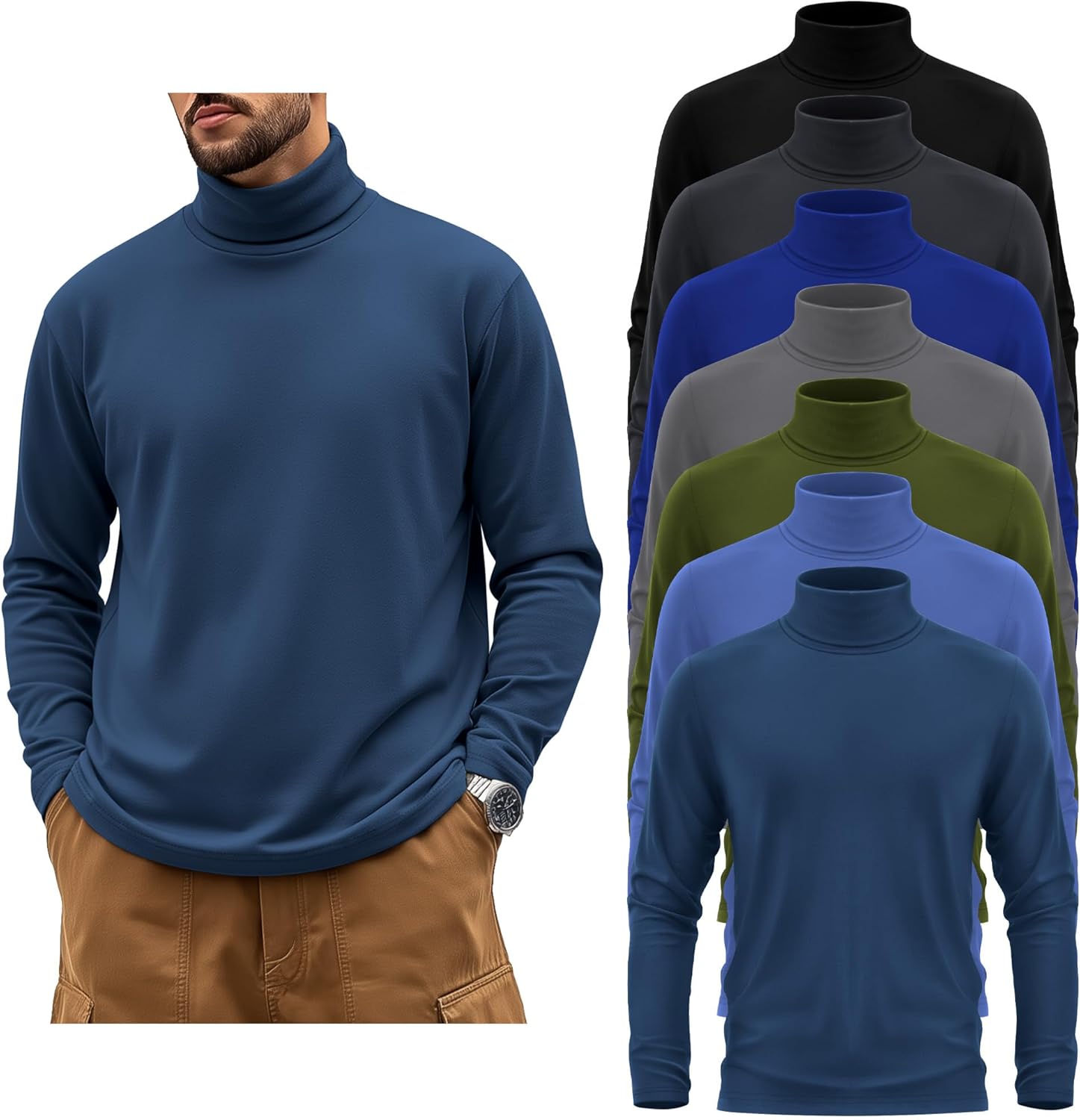 7 Pack Mens Big and Tall Turtleneck Shirts Long Sleeve Crewneck Top Plus Size Loose Fit Shirt