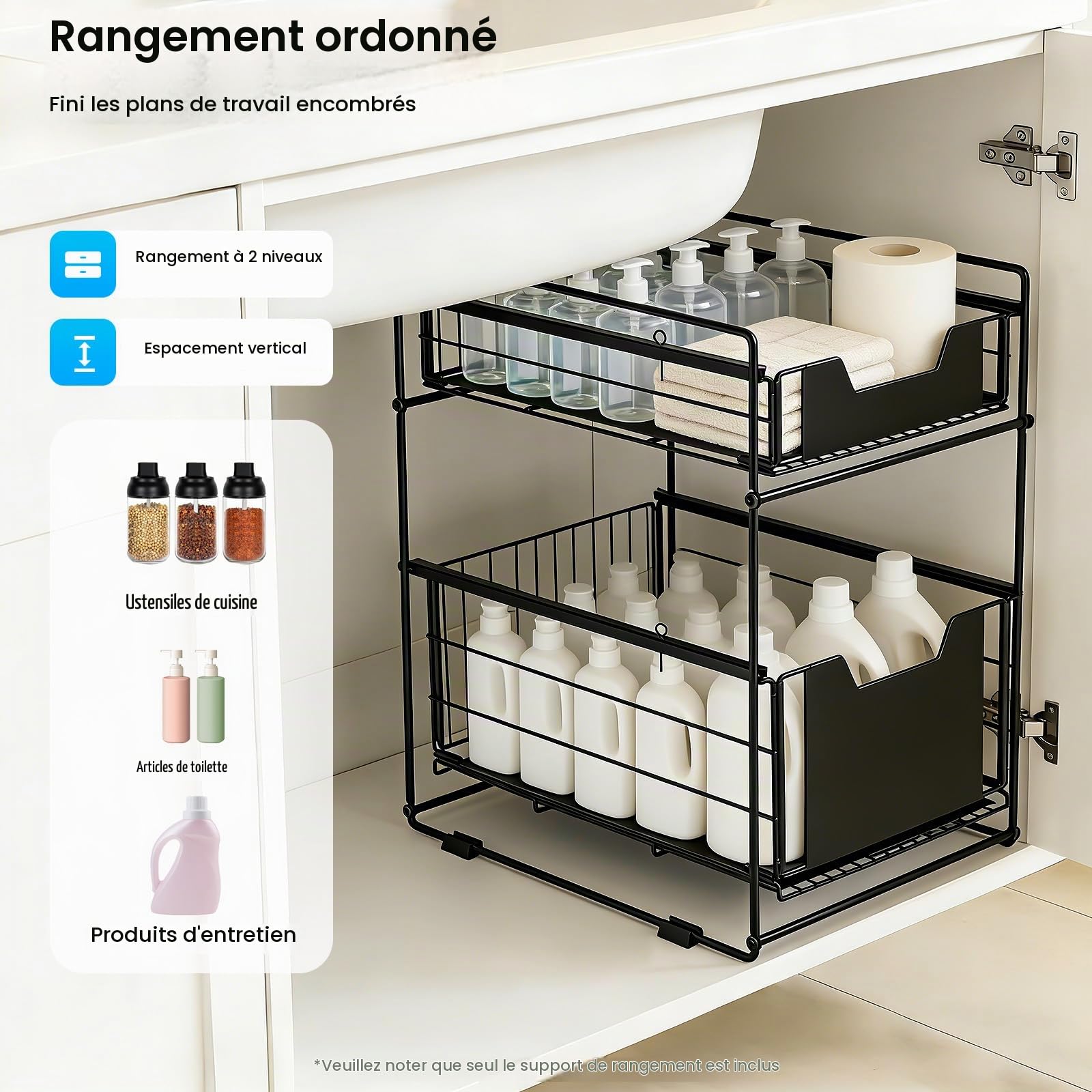 Organisateur d'armoire de cuisine à 2 étages - Organiseur télescopique - Tiroir de cuisine extensible - 37,4 x 28,2 x 44 cm - Noir