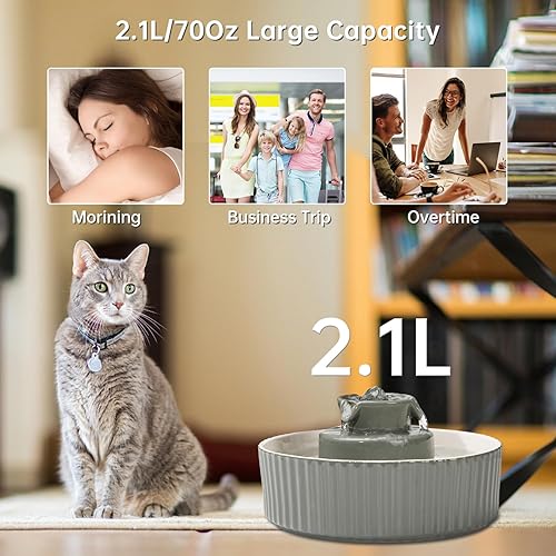 Miniatura 2 de Fuente de agua de cerámica para gatos, fuente de agua de cerámica para mascotas de 2.1L70 onzas, fuente automática para beber para gatos, cuenco de