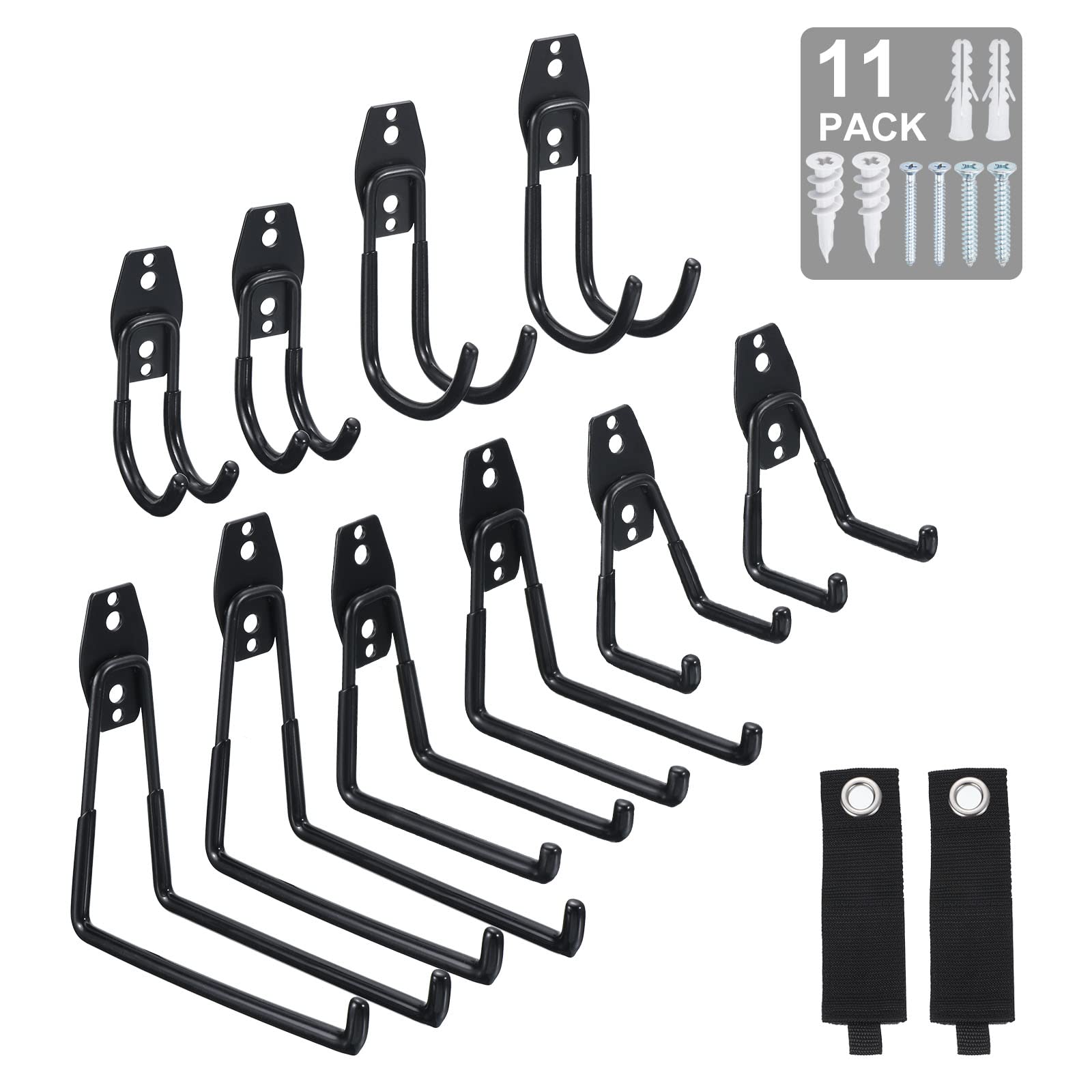 PATIKIL Garaje Ganchos, 10uds Pared Montaje Garaje Colgador Organizador Utilidad Almacenamiento Ganchos Acero Herramienta Colgadores con 2 Correas para Bicicleta Escaleras Jardín, Negro
