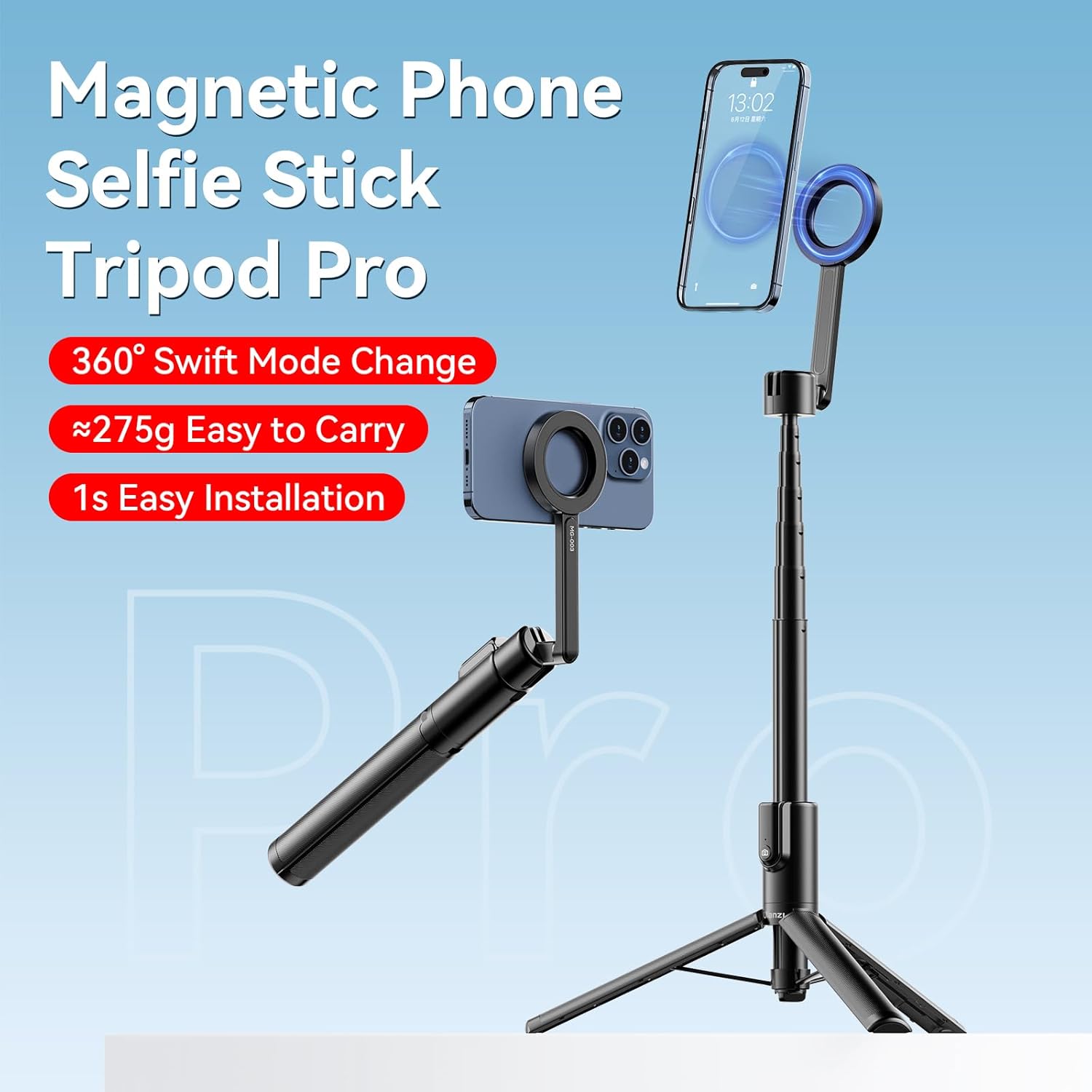 ULANZI 54'' Magnetic Selfie Stick Tripod Pro, All-in-One Phone Tripod w Magnetic Phone Holder & Detachable Wireless Remote, C/W Magsafe, for iPhone 16 15 14 13 12 Series & Android Phones (Black) - Image 7