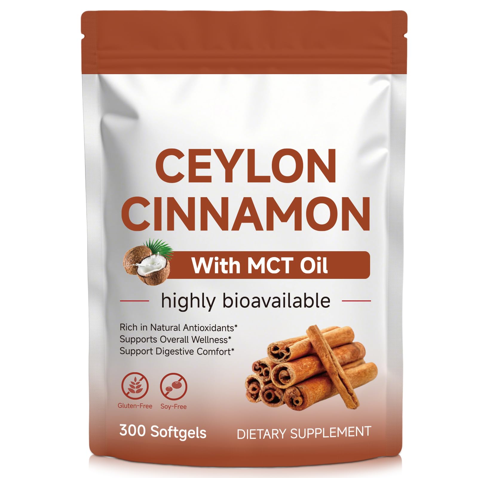 Tiuedu Ceylon Cinnamon Softgels with MCT Oil, 300 Softgels 300 Count (Pack of 1)
