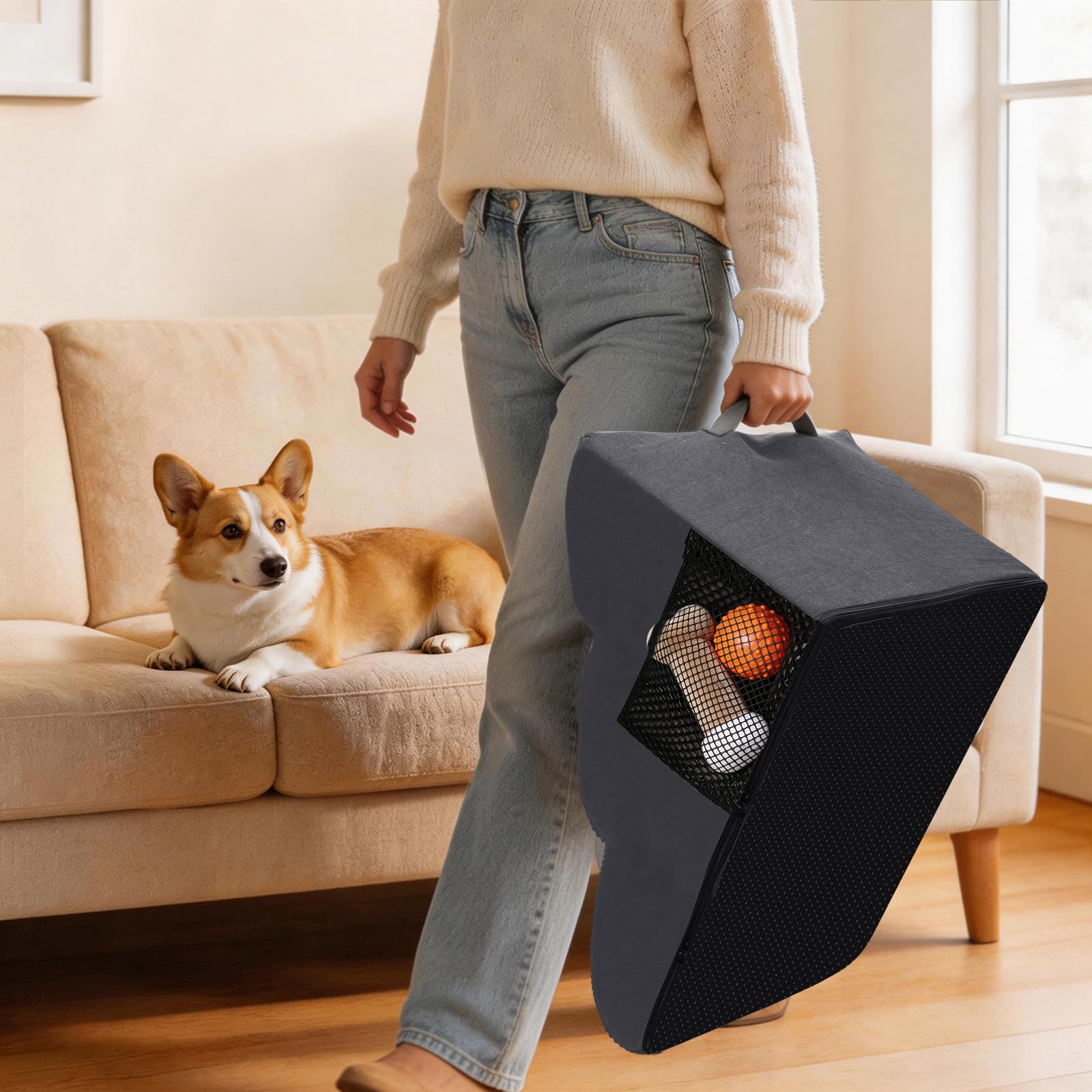 Haustiertreppe 3 Stufen, 30D Schaumstoff Hundetreppe bis 23kg, rutschfest & Waschbar, Tragegriff, Seitentasche, Gelenkschonend für Hunde Katzen, Einstiegshilfe Bett Sofa Auto, Grau 60x40x40cm