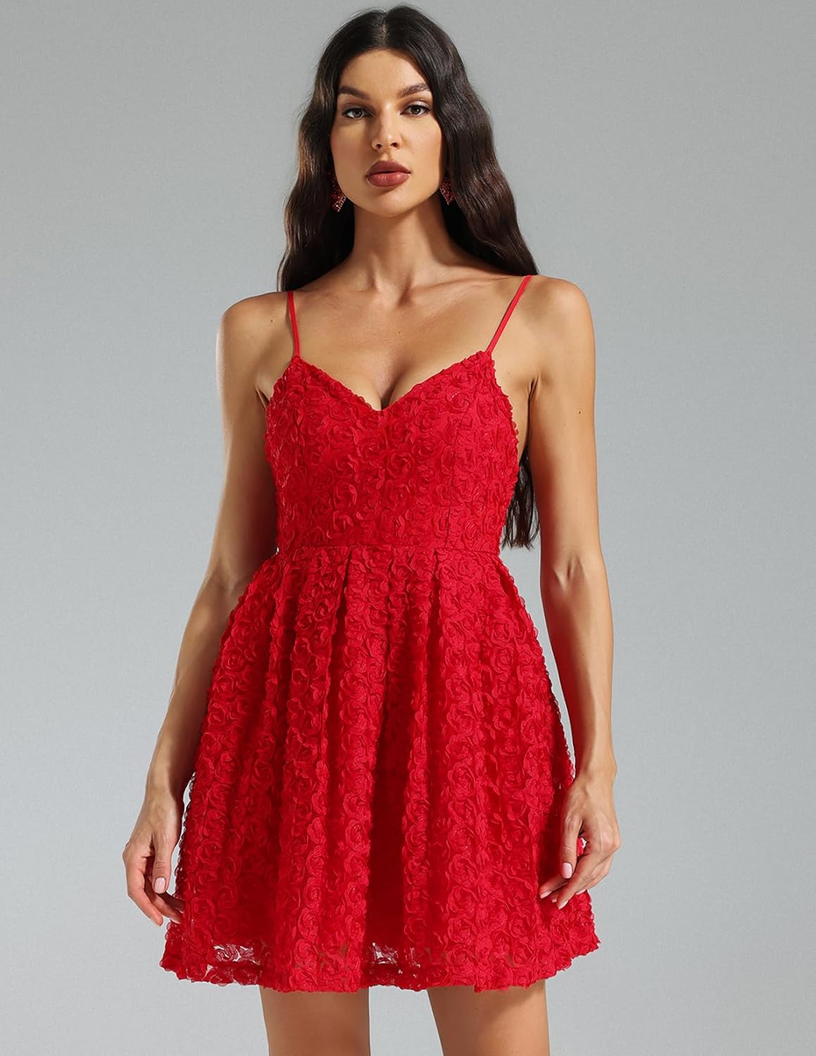 Embroidered Dress for Women Red Tempting Corset Dress Deep V Pleated Dress Mini Mesh Dress Lace Dress Spaghetti Strap Dress