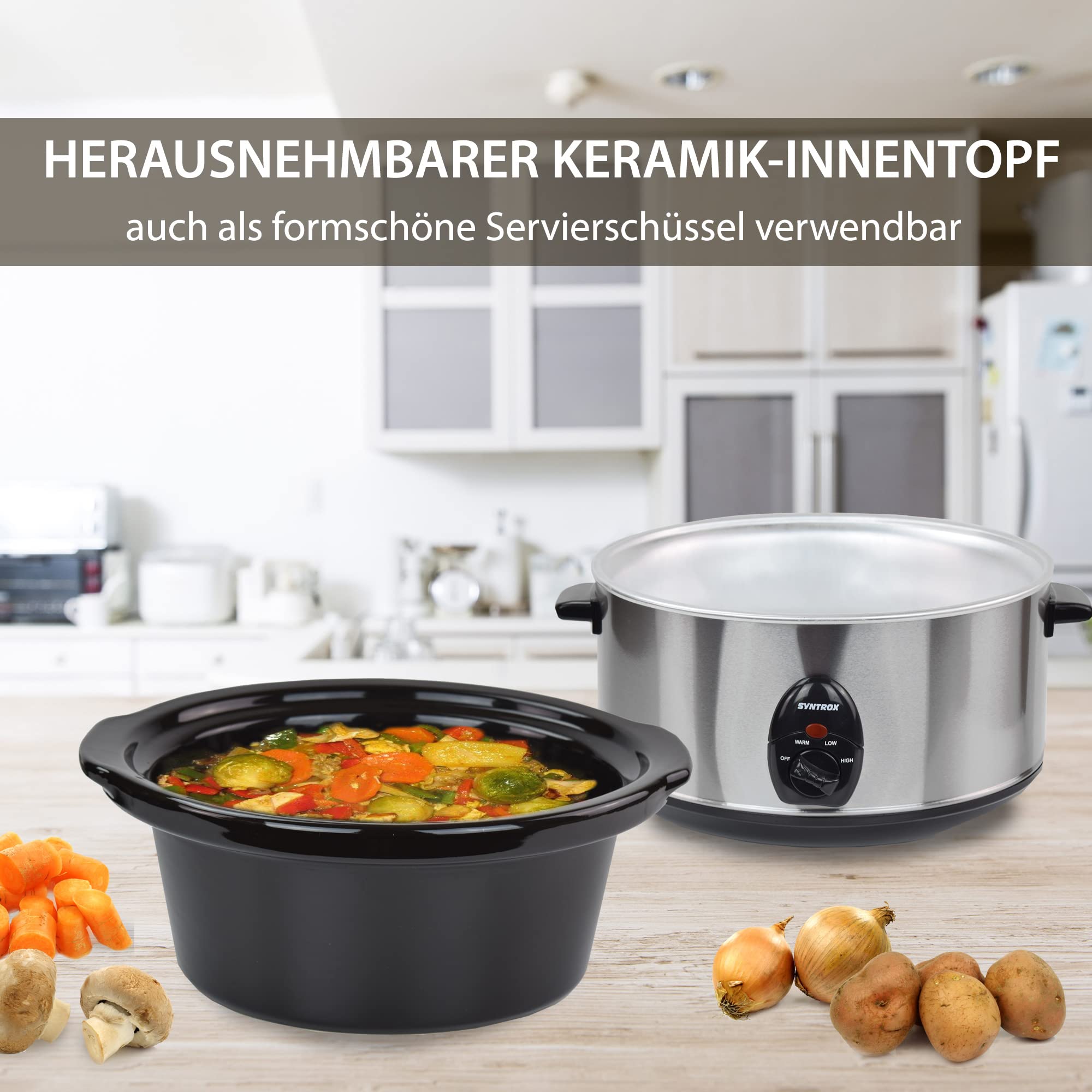 Syntrox Germany Slow Chef SC-450M_Deli Cooker Schongarer 4,5 Liter mit Warmhaltefunktion, Glasdeckel und robuster Keramikschüssel 280 Watt, Edelstahl