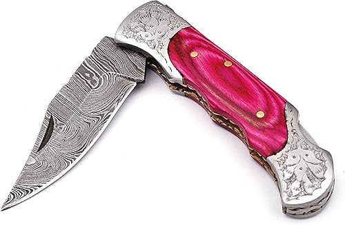 Miniatura 4 de Hecho a mano Damasco hoja de acero cuchillo de bolsillo con funda de cuero 5170 PINK, cuchillos para hombres mejor regalo (rosa)